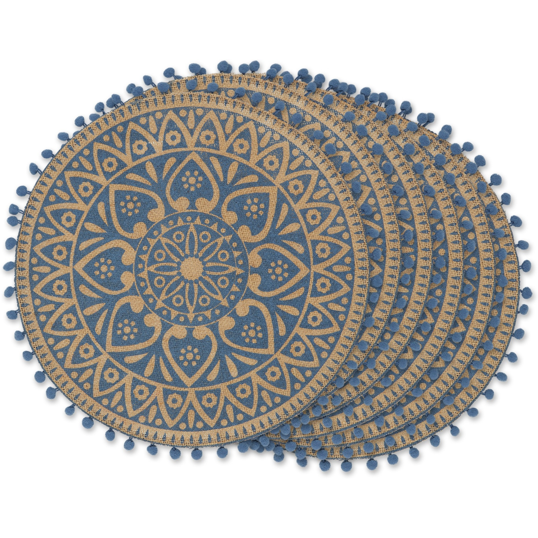 DII French Blue Block Print On Natural Round Jute Placemat (Set of 6)