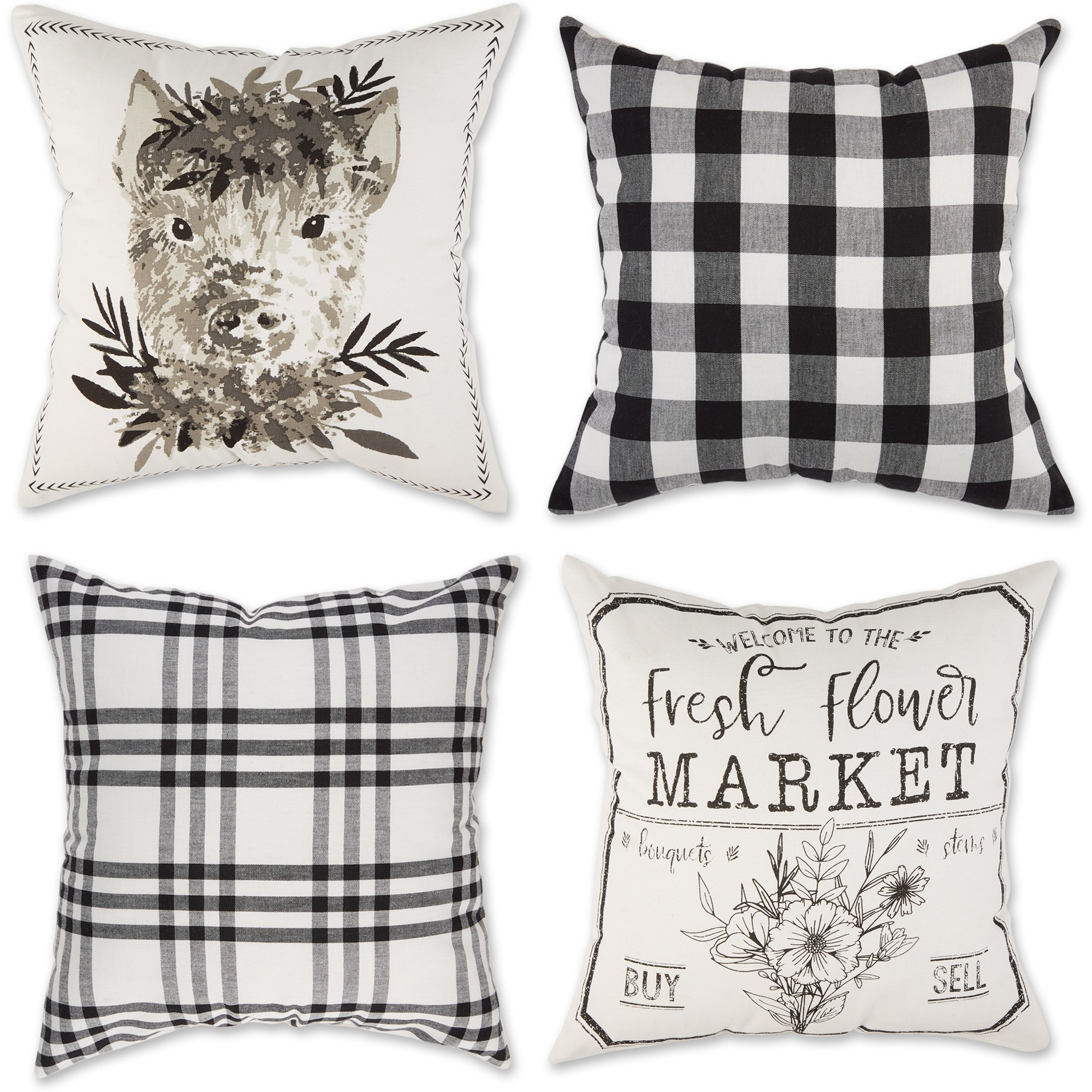 DII Pig And Flower Market Farmhouse Check And Print Pillow Cover 18x18 inch, 4 Piece