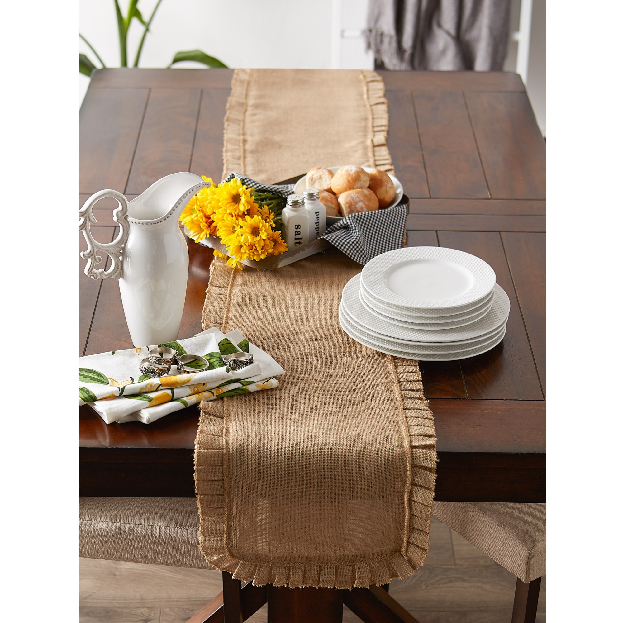 DII Natural Ruffle Trim Jute Table Runner, 14x72 inch