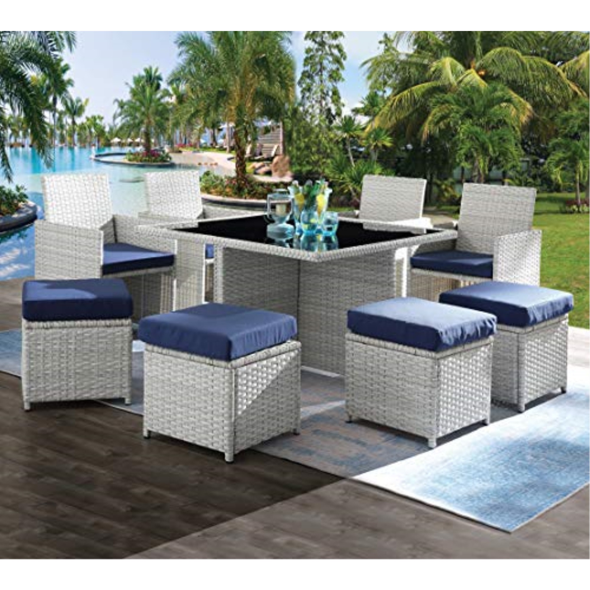 9Pc Patio Set Blue Fabric & Wicker