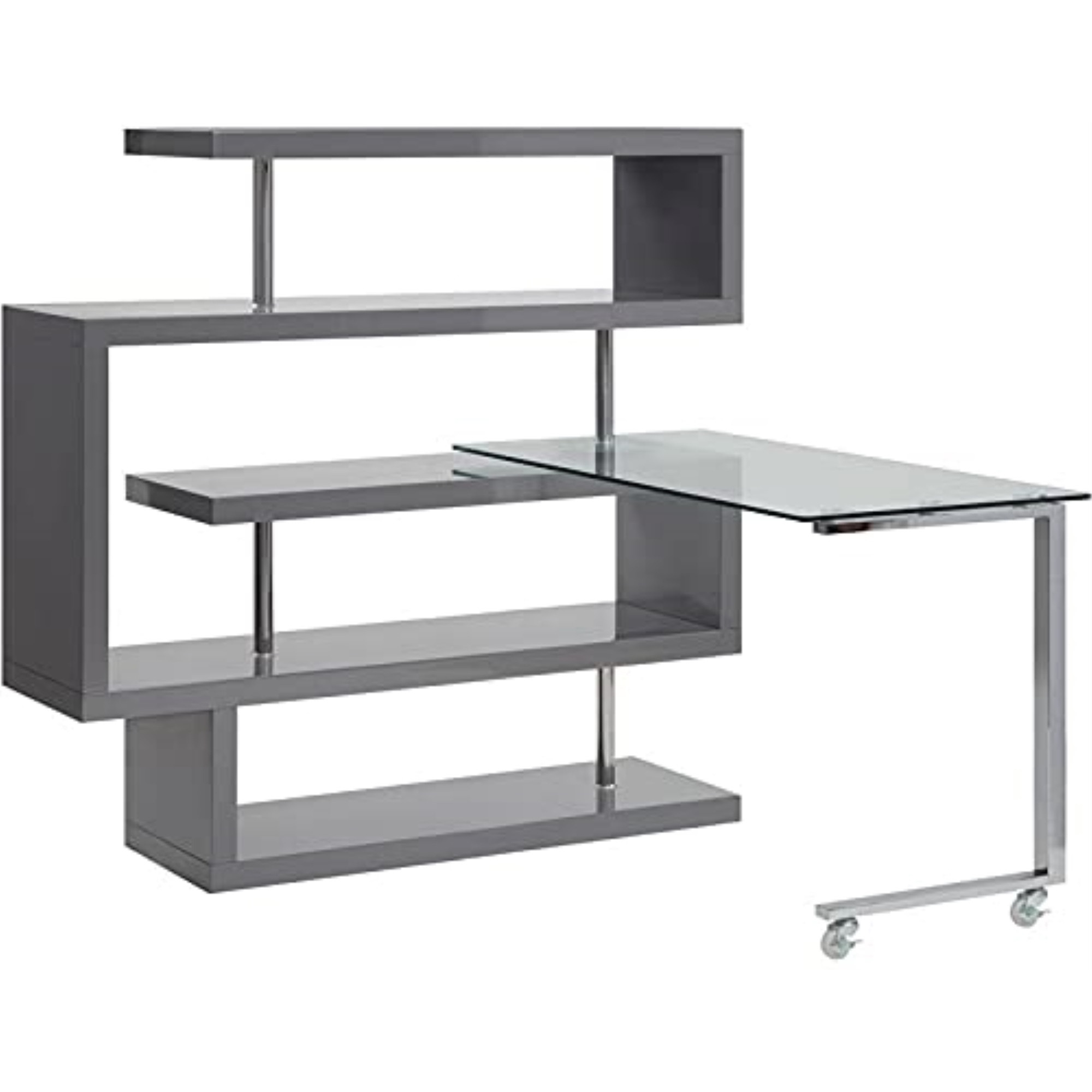 Writing Desk w/Shelf Clear Glass, Chrome & Gray High Gloss Finish