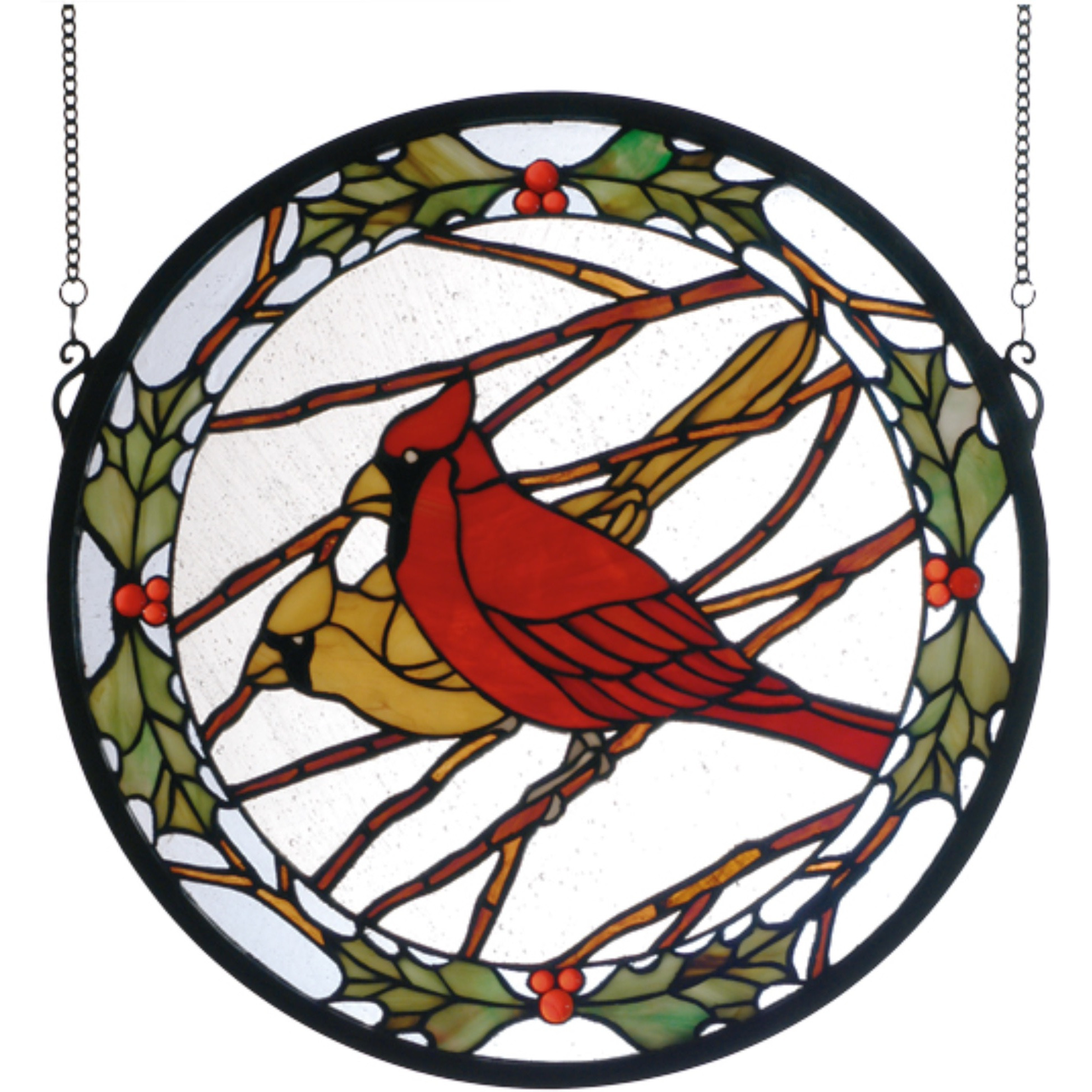 15&quotW X 15&quotH Cardinals & Holly Stained Glass Window
