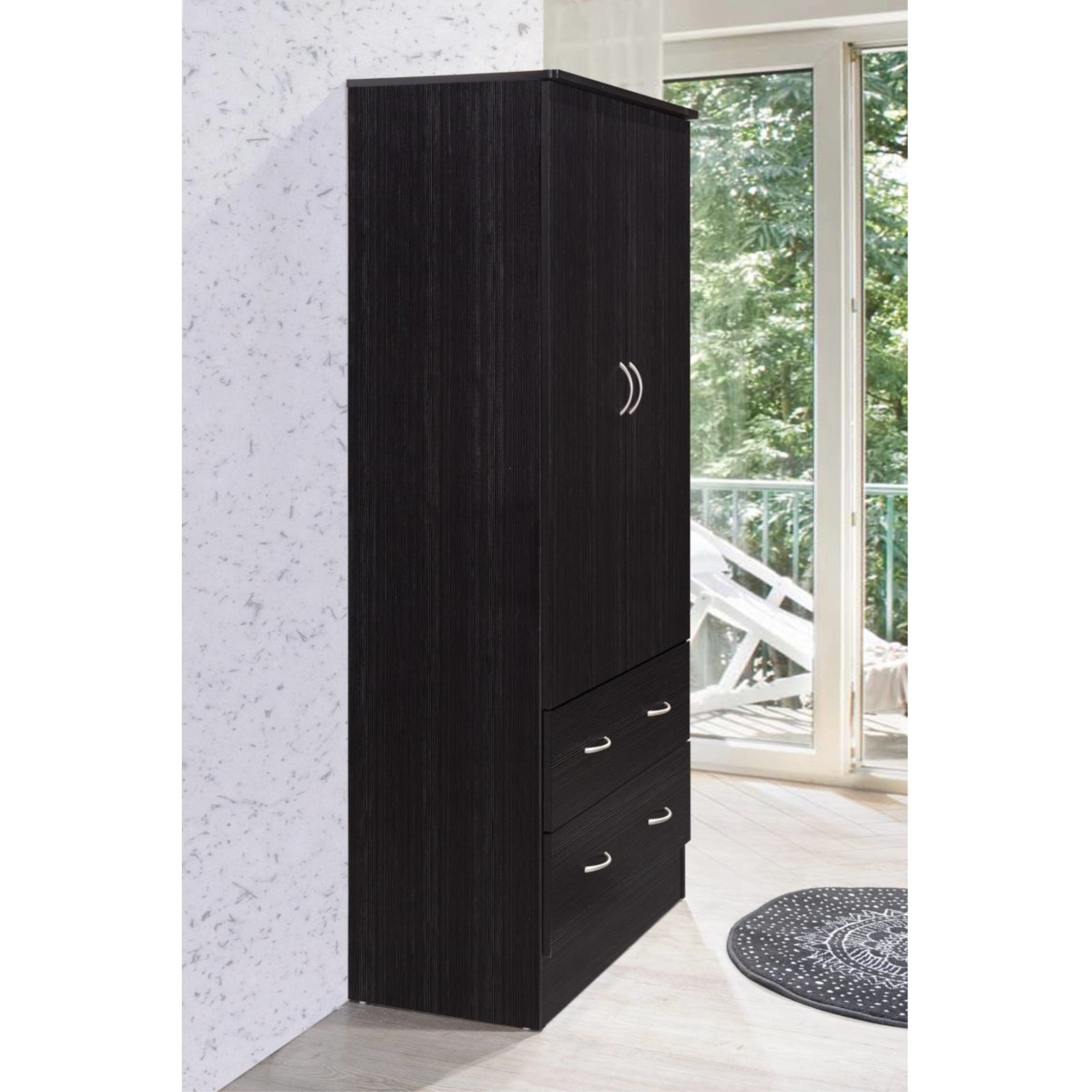 Hodedah 2-Door Armoire with 2-Drawers and Clothing Rod in Chocolate