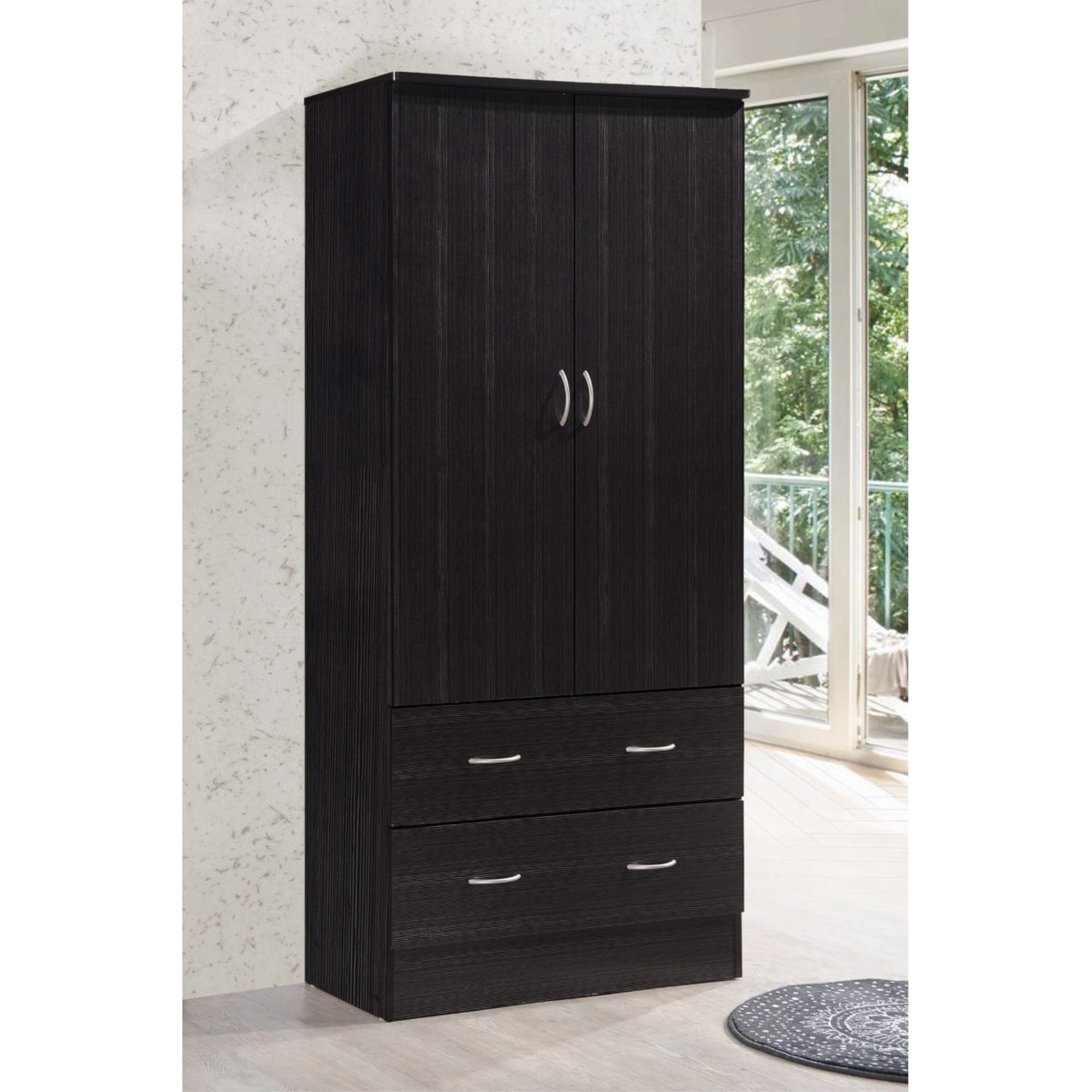 Hodedah 2-Door Armoire with 2-Drawers and Clothing Rod in Chocolate
