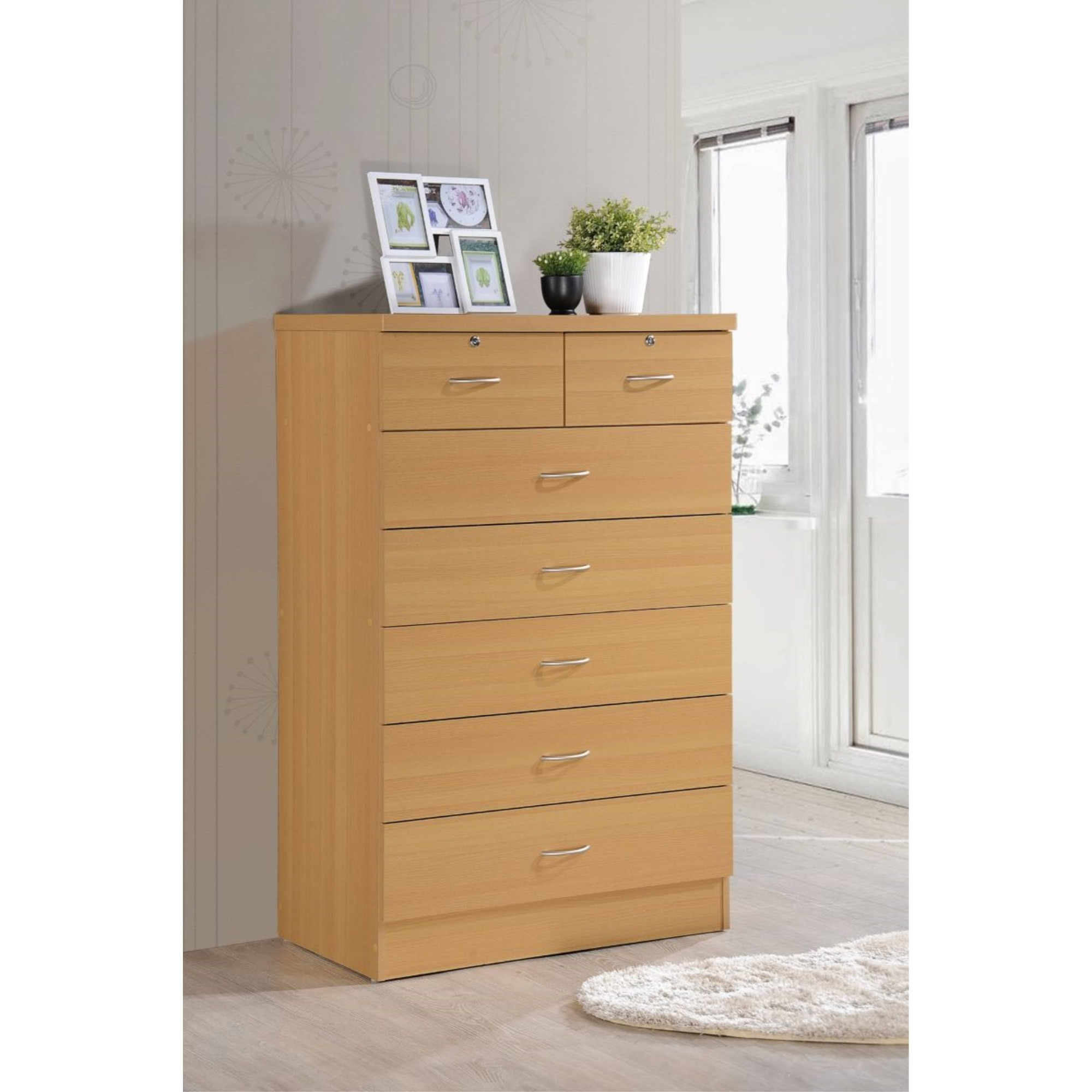 Hodedah 7-Drawer Chest with Locks on 2-Top Drawers in Beech