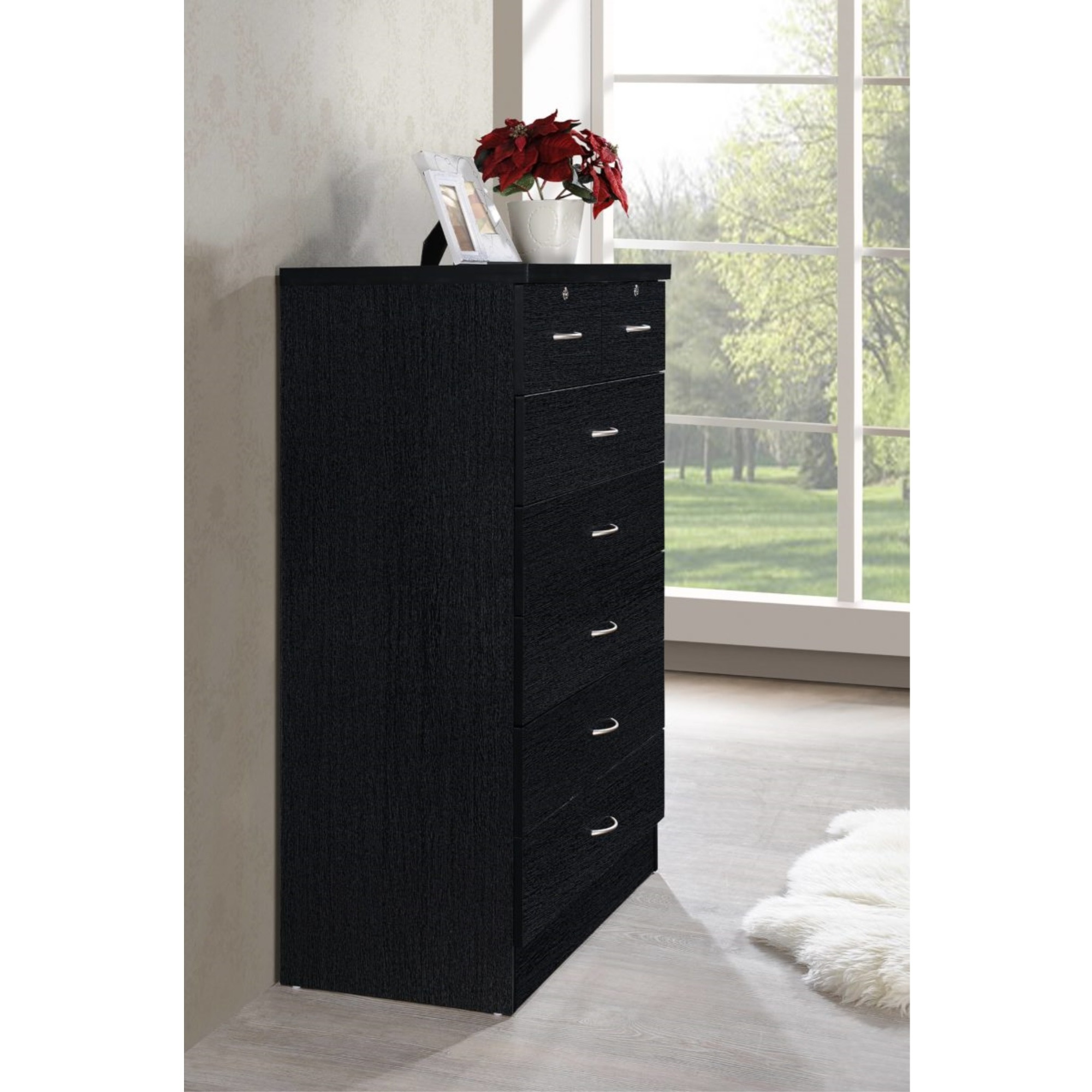 Hodedah 7-Drawer Chest with Locks on 2-Top Drawers in Black