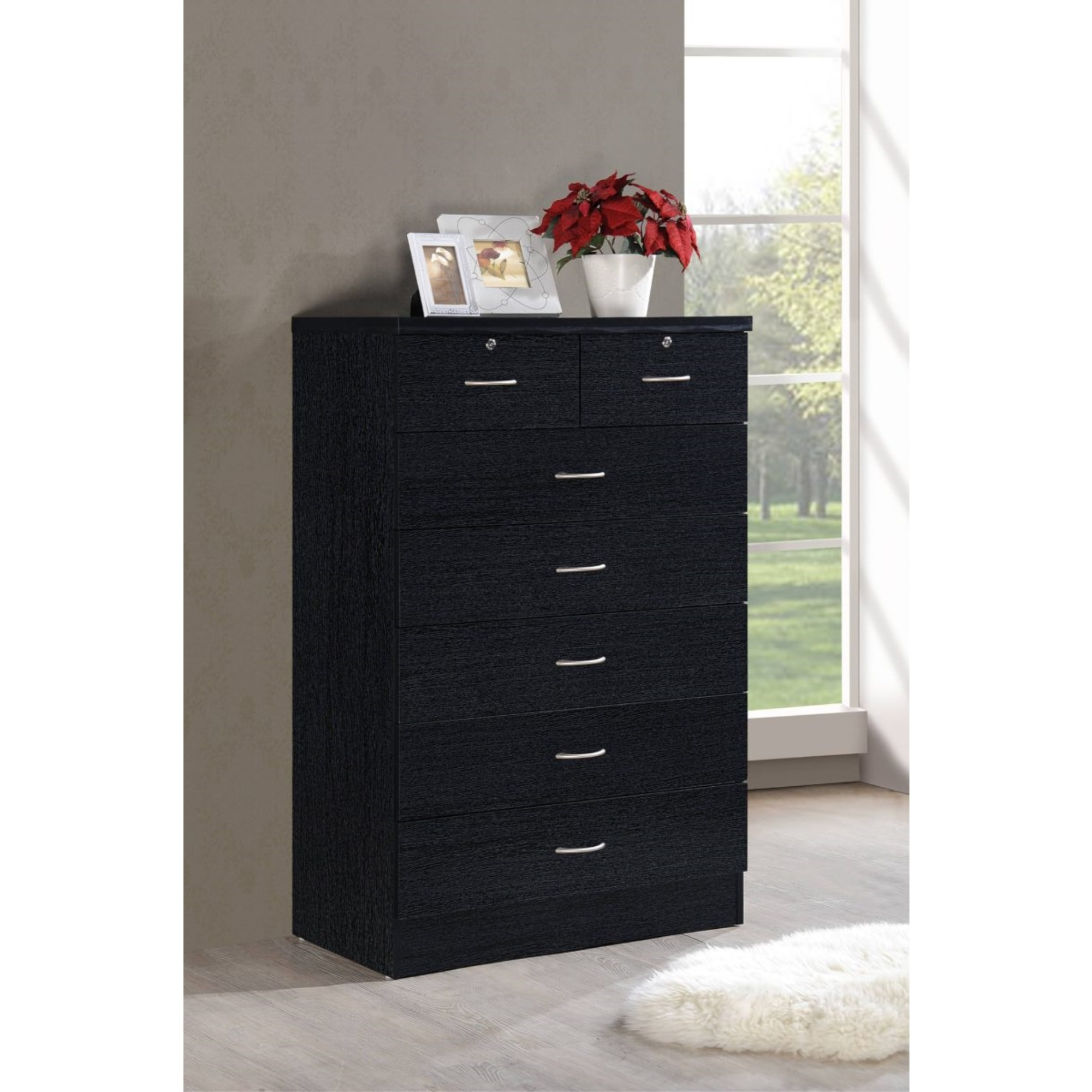 Hodedah 7-Drawer Chest with Locks on 2-Top Drawers in Black