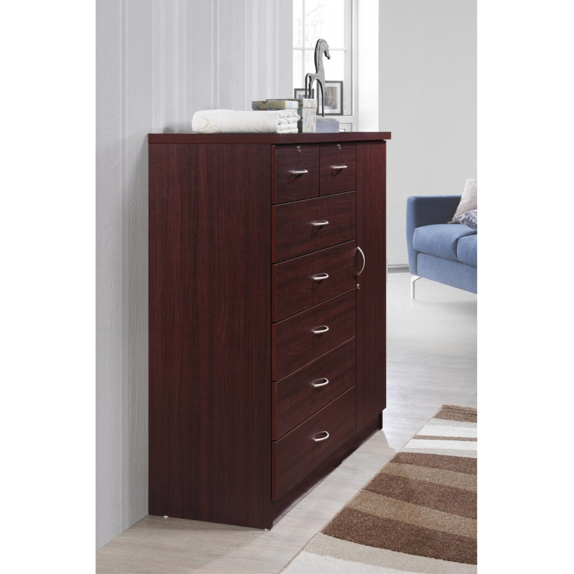 Hodedah 7-Drawer Chest with Locks on 2-Top Drawers plus 1-Door with 3-Shelves in Mahogany