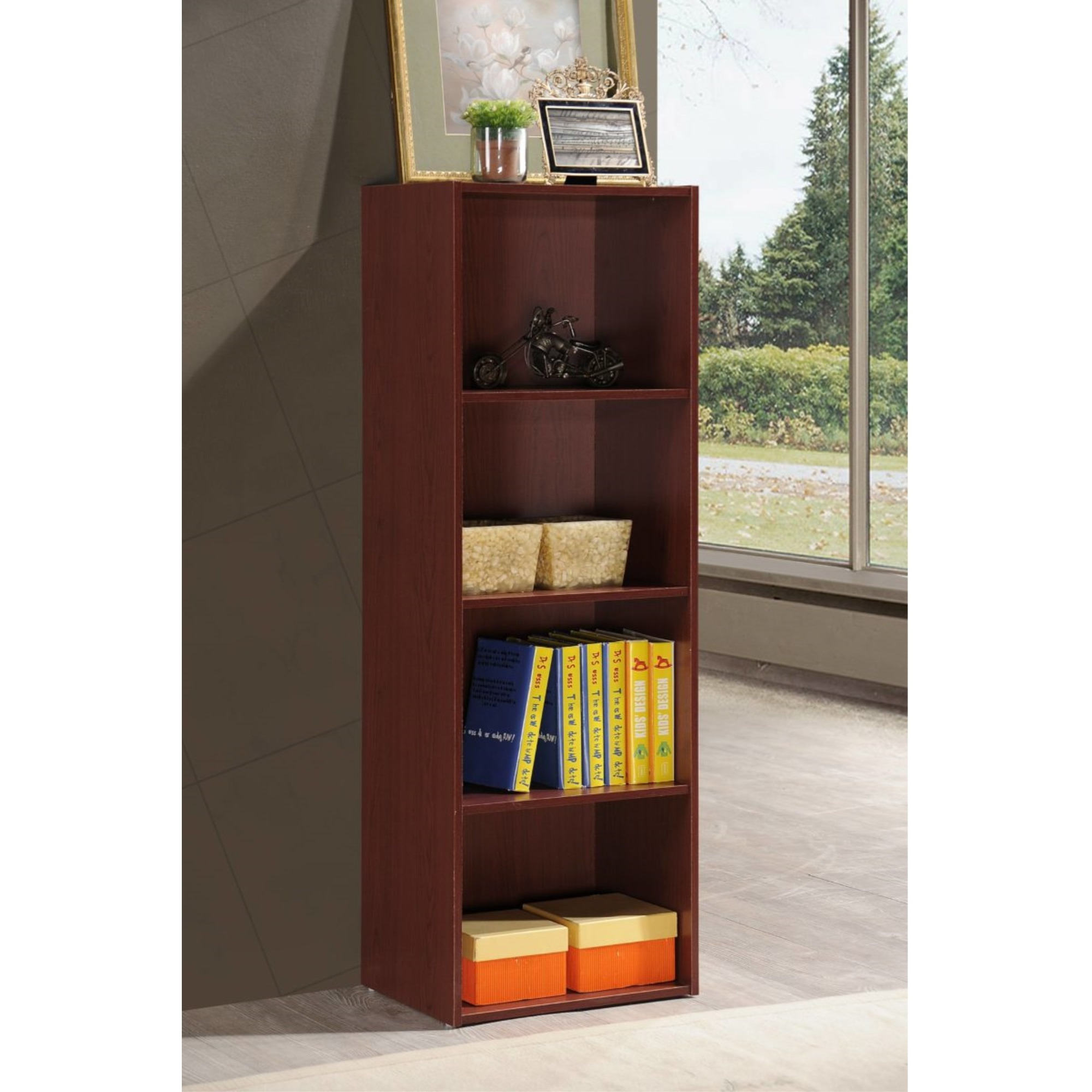Hodedah 4-Shelf Bookcase in Mahogany