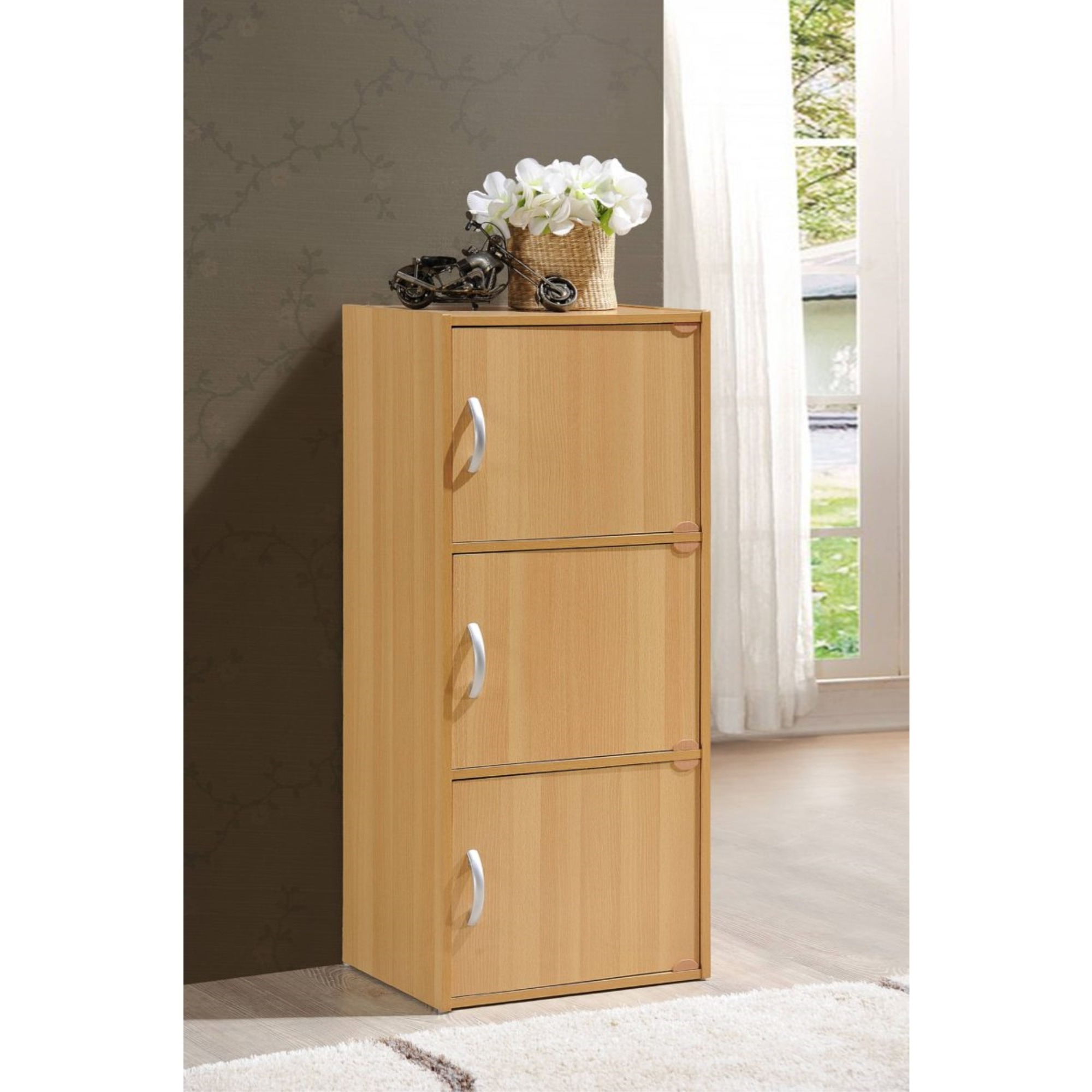 Hodedah 3-Shelf, 3-Door Bookcase in Beech