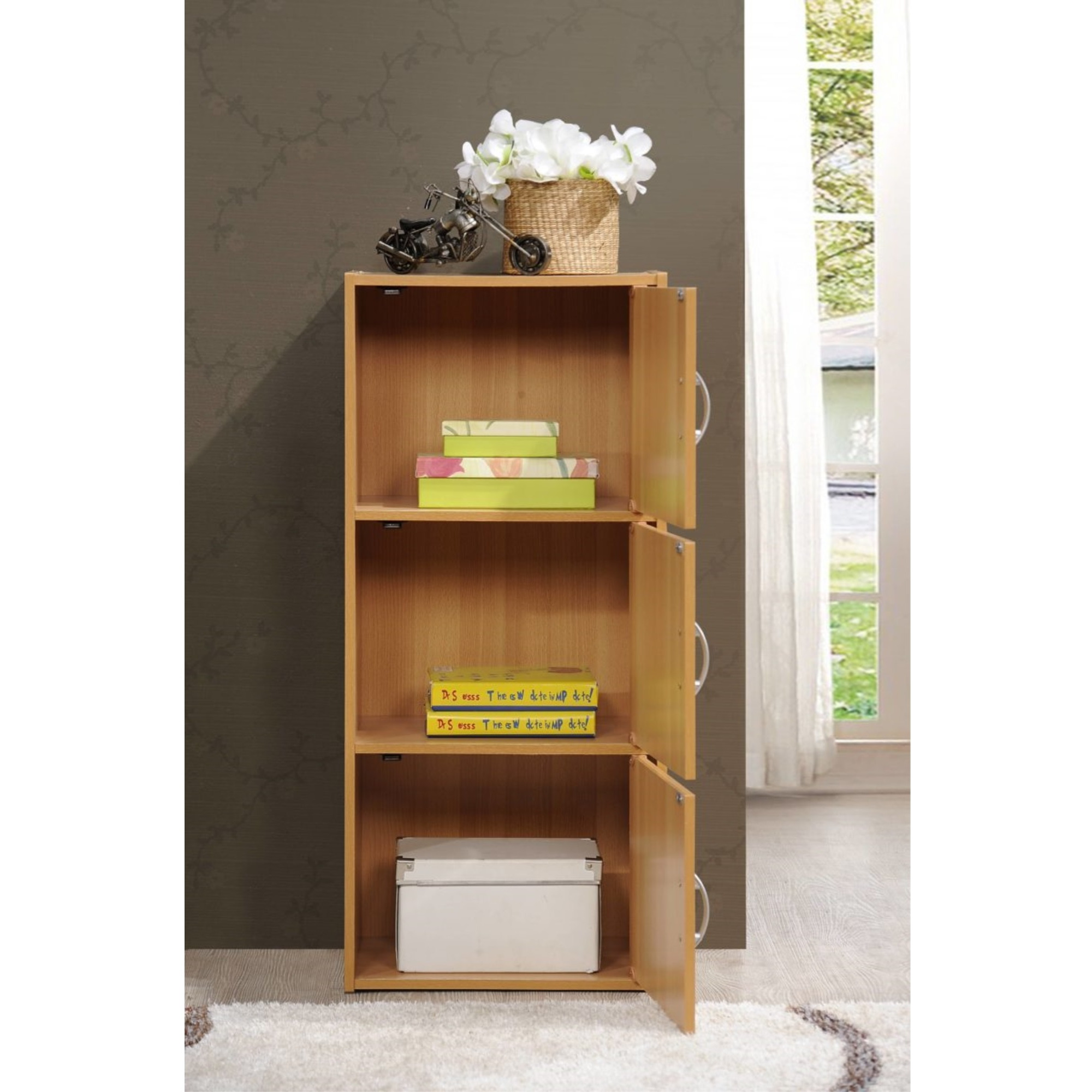 Hodedah 3-Shelf, 3-Door Bookcase in Beech