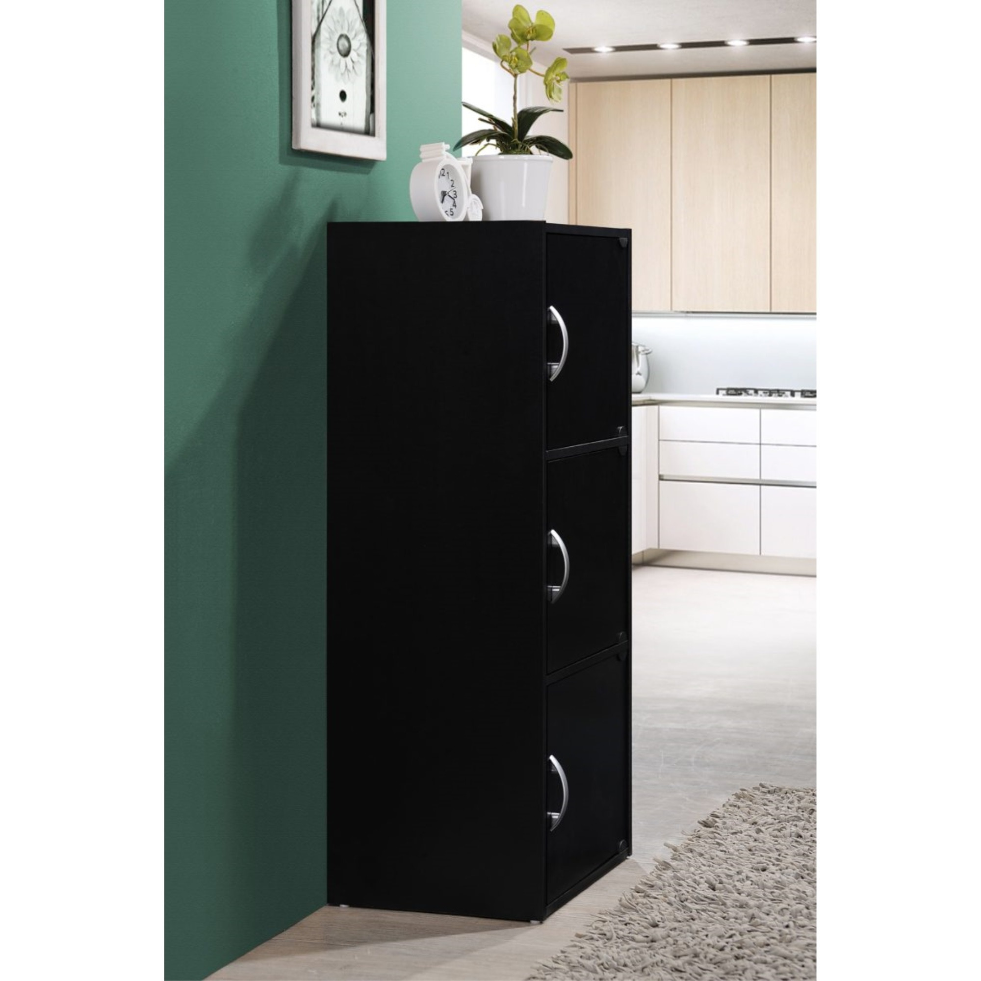 Hodedah 3-Shelf, 3-Door Bookcase in Black