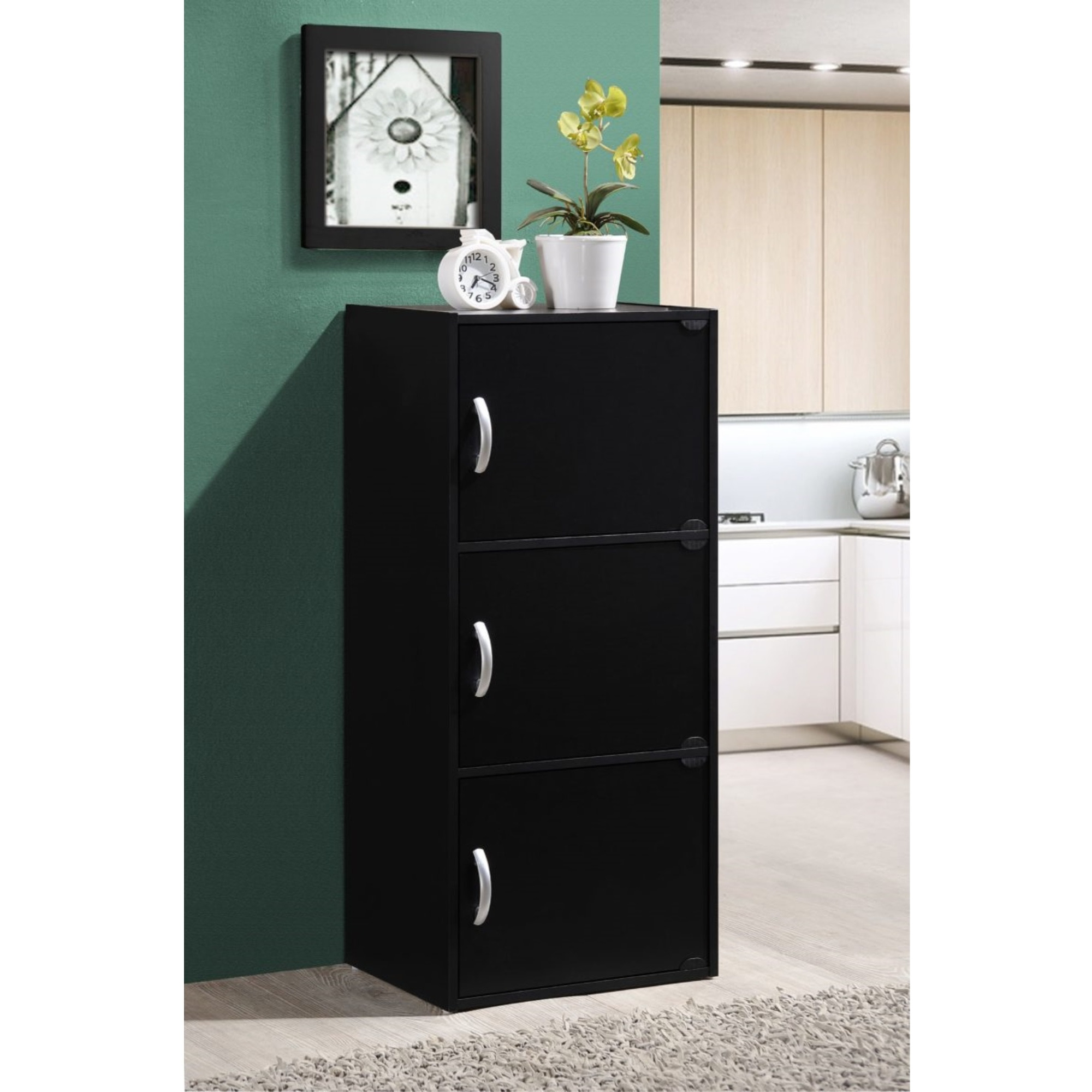 Hodedah 3-Shelf, 3-Door Bookcase in Black