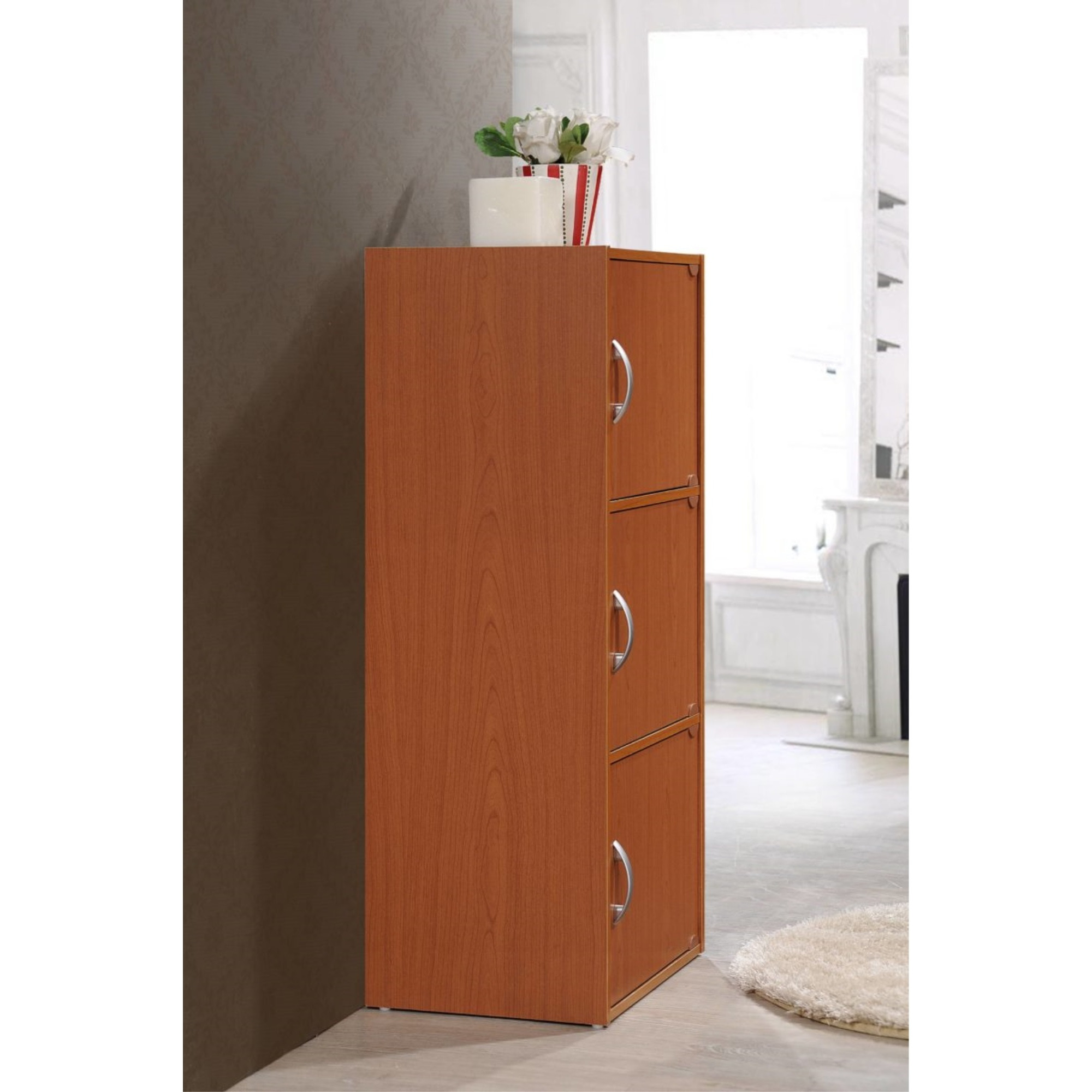 Hodedah 3-Shelf, 3-Door Bookcase in Cherry