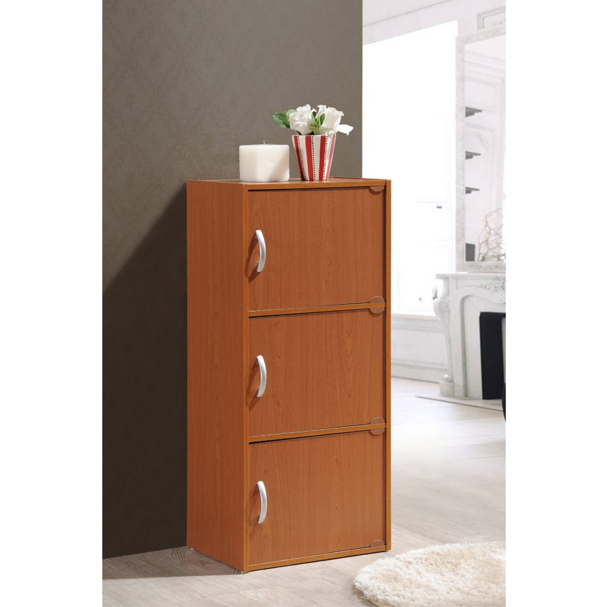 Hodedah 3-Shelf, 3-Door Bookcase in Cherry