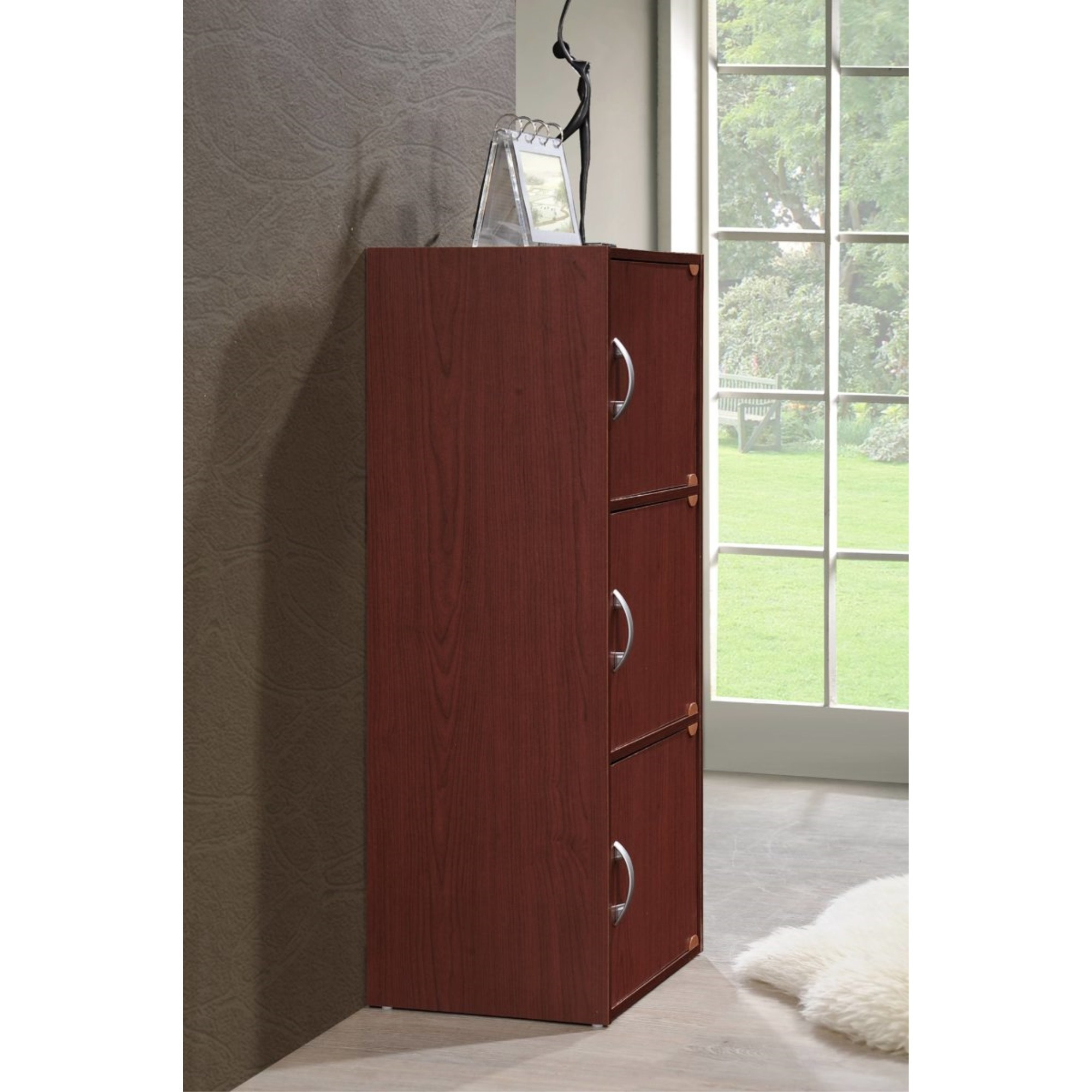Hodedah 3-Shelf, 3-Door Bookcase in Mahogany