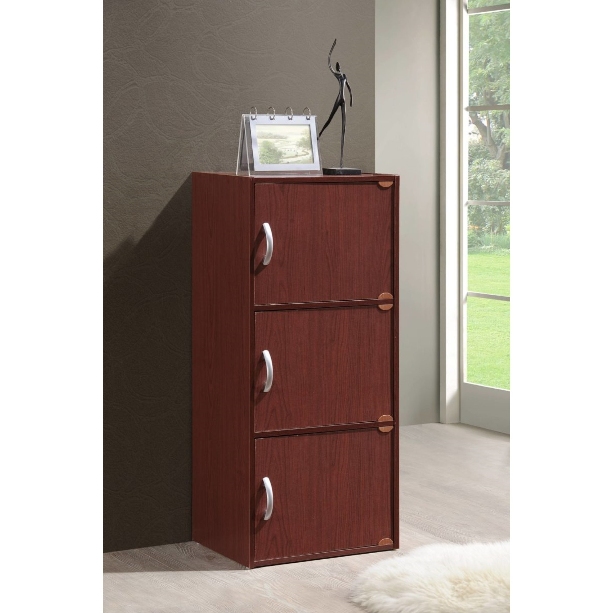 Hodedah 3-Shelf, 3-Door Bookcase in Mahogany