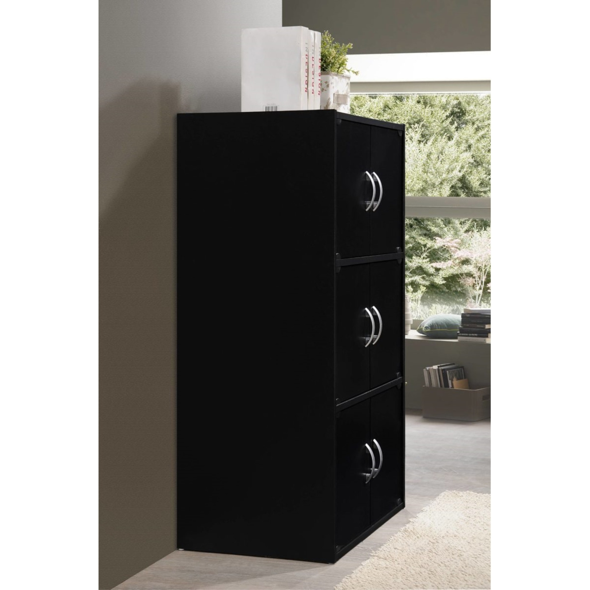 Hodedah 3-Shelf, 6-Door Bookcase in Black