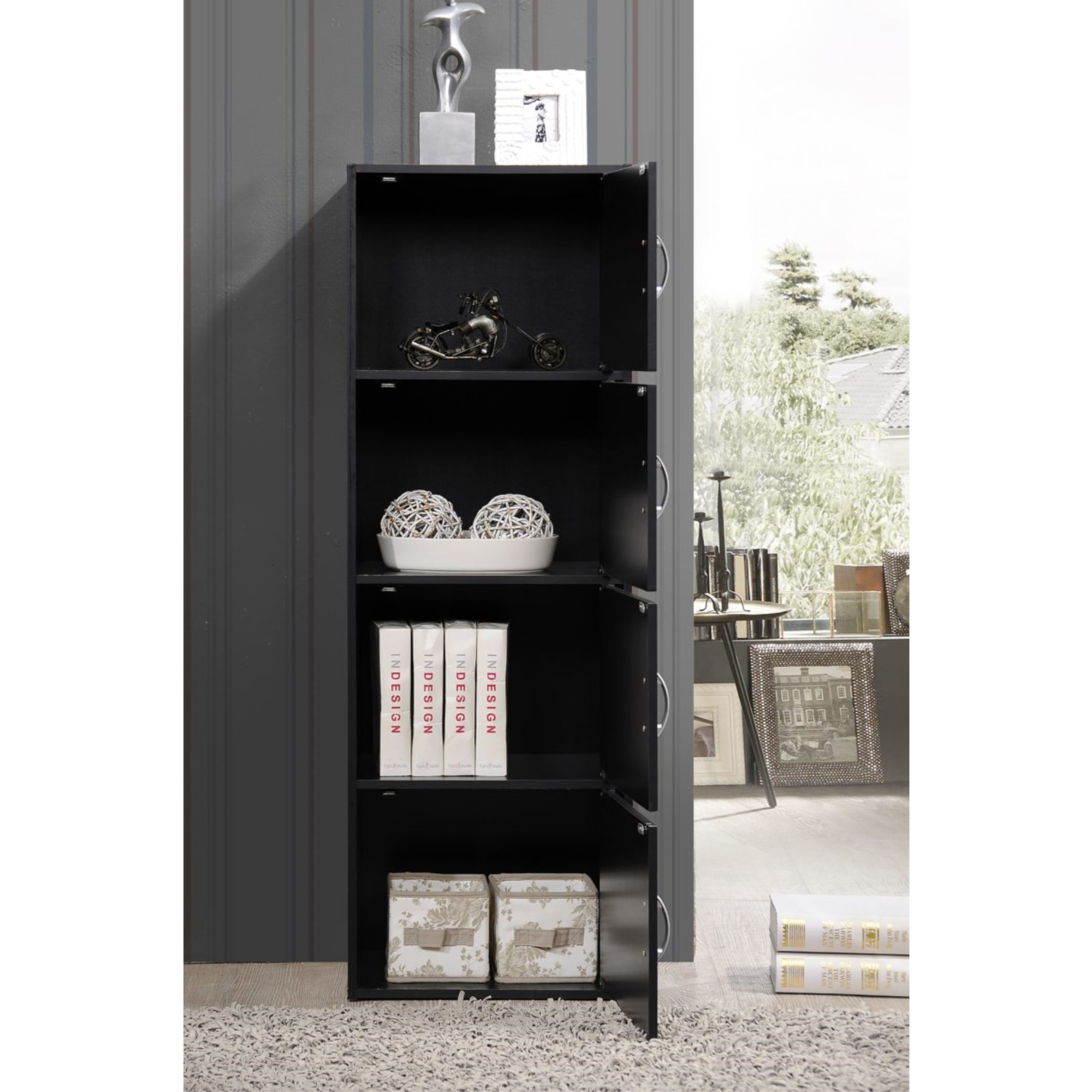 Hodedah 4-Shelf, 4-Door Bookcase in Black