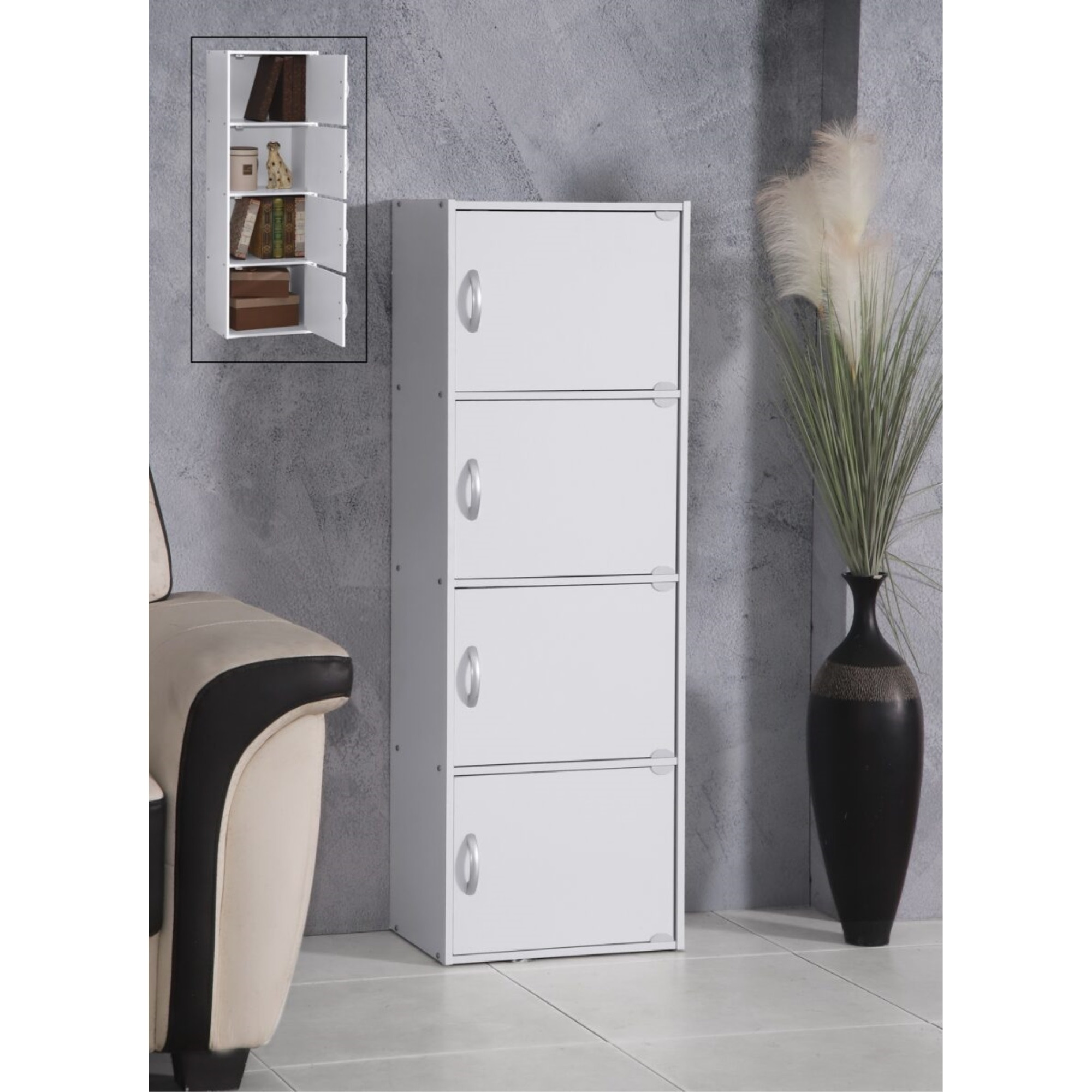 Hodedah 4-Shelf, 4-Door Bookcase in White