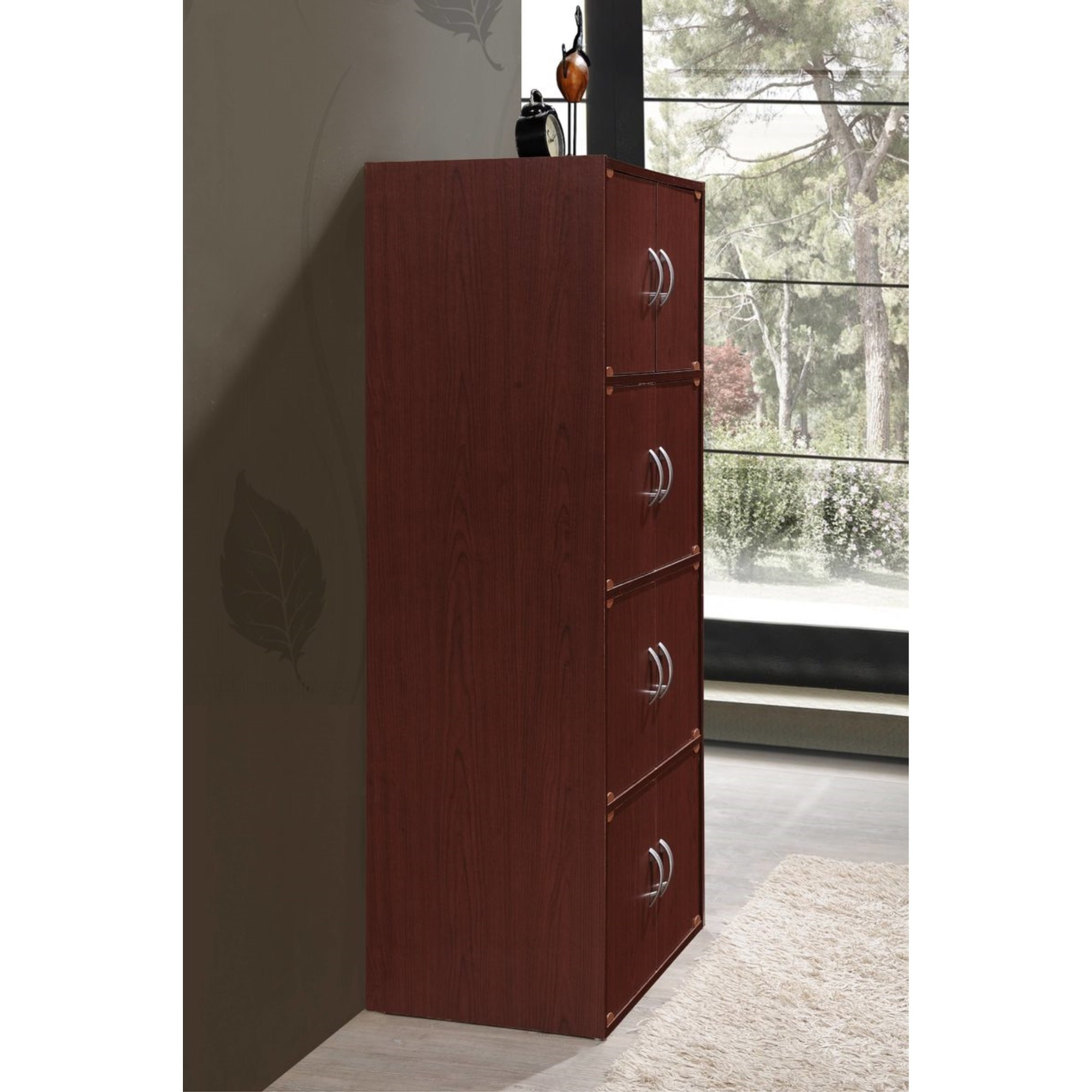 Hodedah 4-Shelf, 8-Door Bookcase Cabinet in Mahogany
