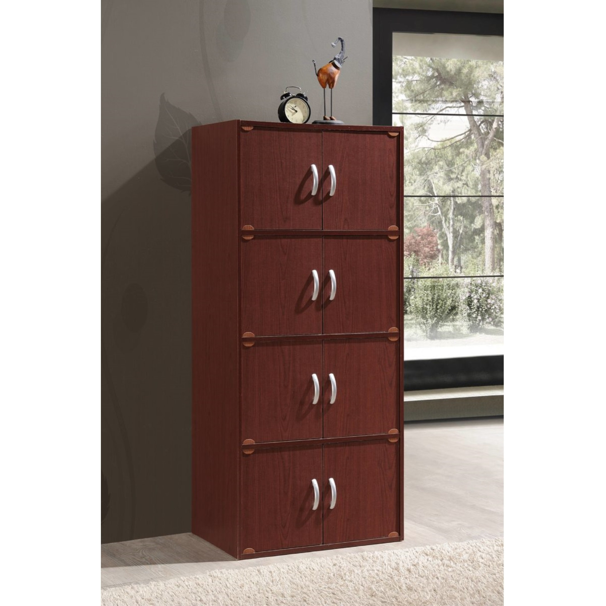 Hodedah 4-Shelf, 8-Door Bookcase Cabinet in Mahogany