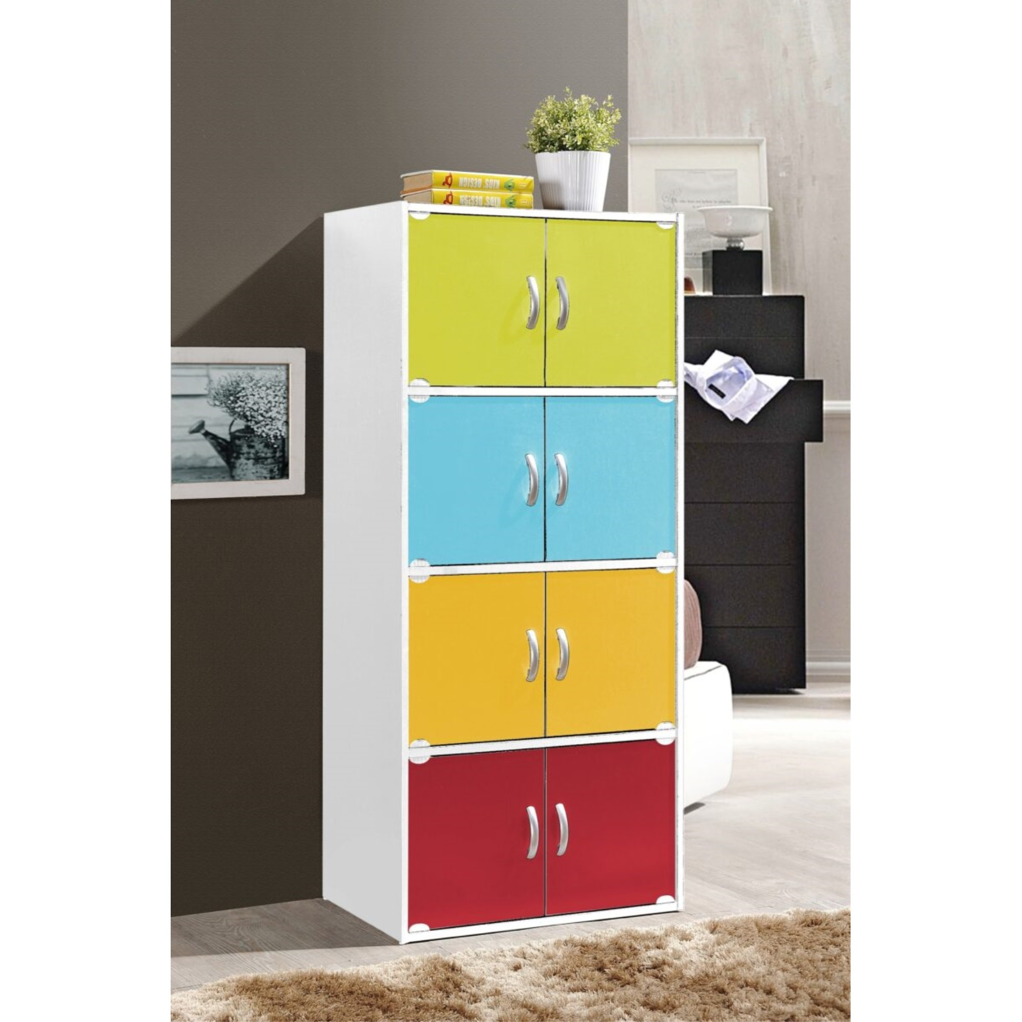 Hodedah 4-Shelf, 8-Door Bookcase Cabinet in Rainbow