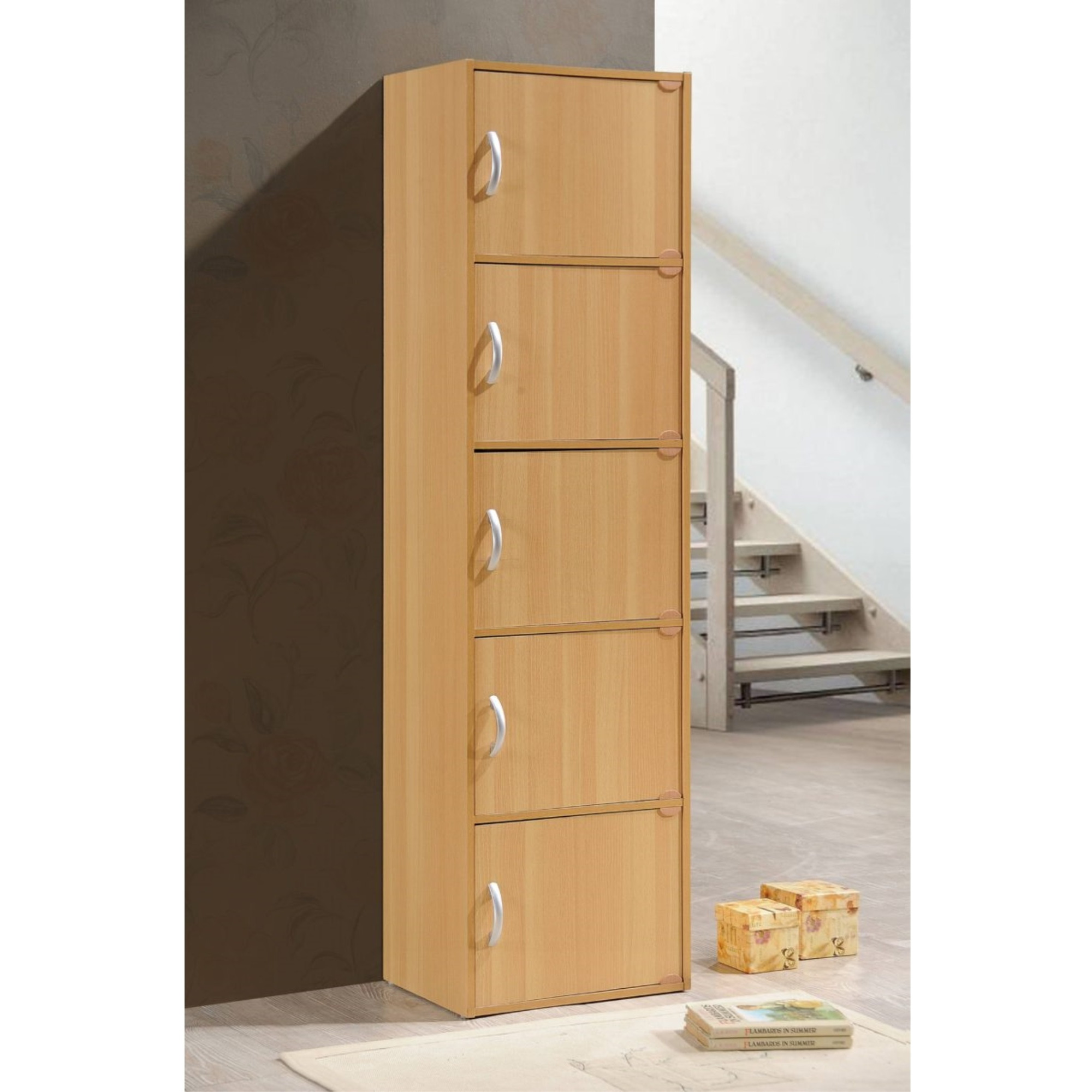 Hodedah 5-Shelf, 5-Door Bookcase in Beech