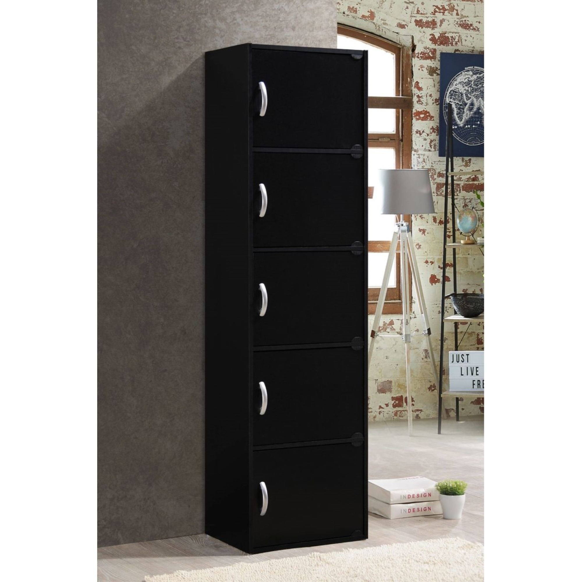 Hodedah 5-Shelf, 5-Door Bookcase in Black