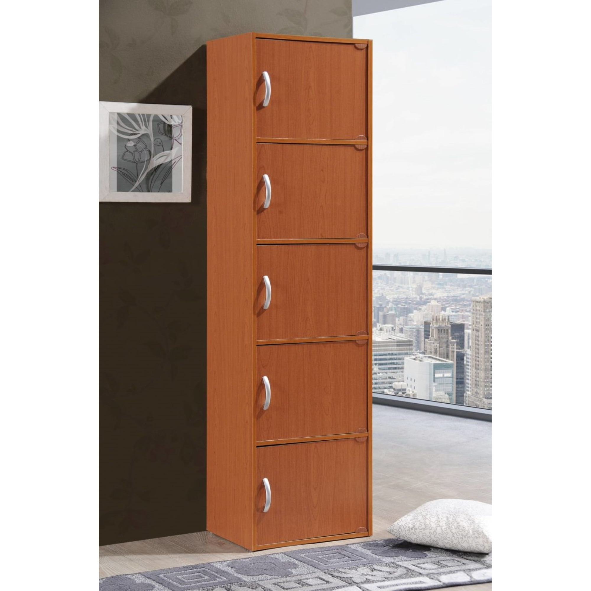 Hodedah 5-Shelf, 5-Door Bookcase in Cherry