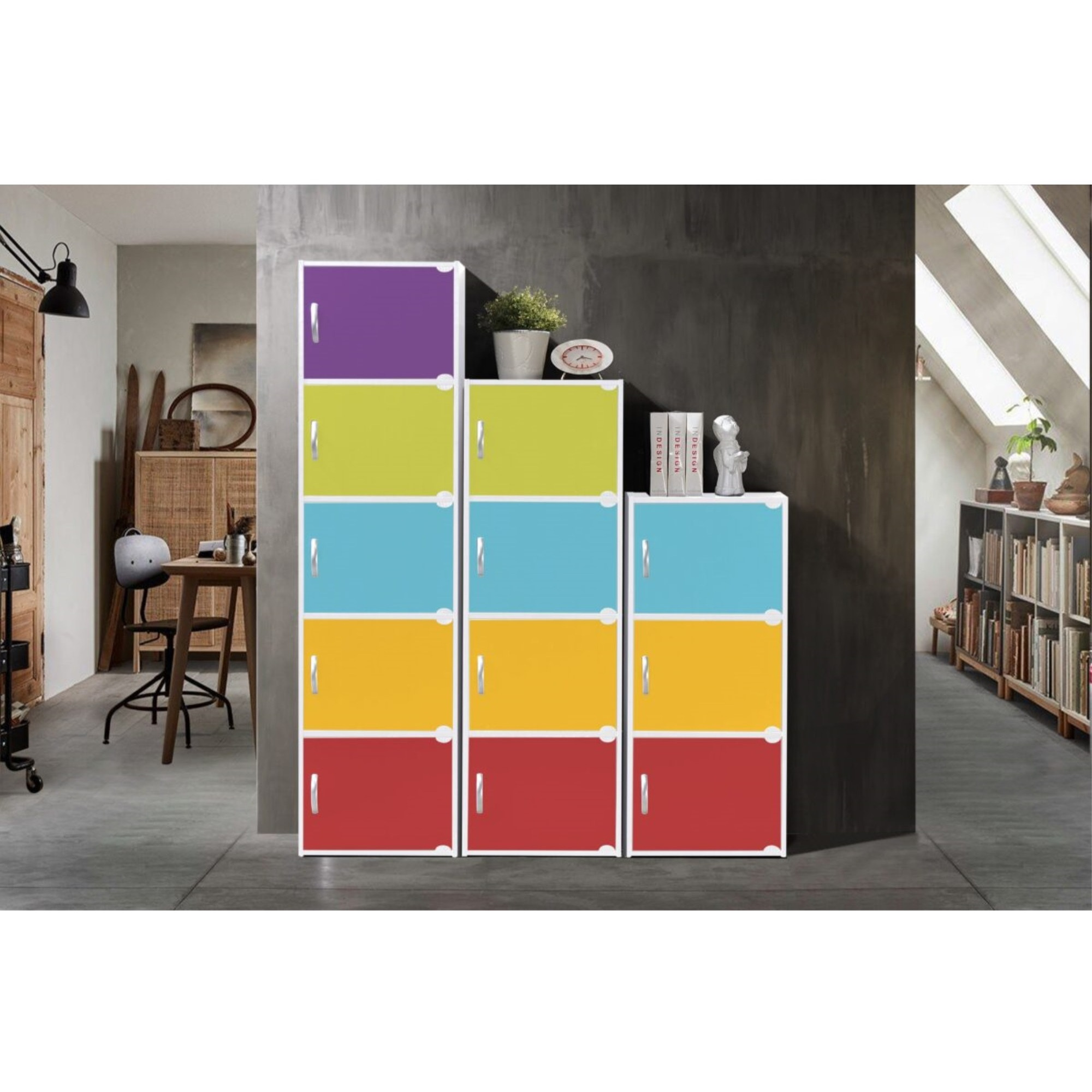 Hodedah 5-Shelf, 5-Door Bookcase in Rainbow