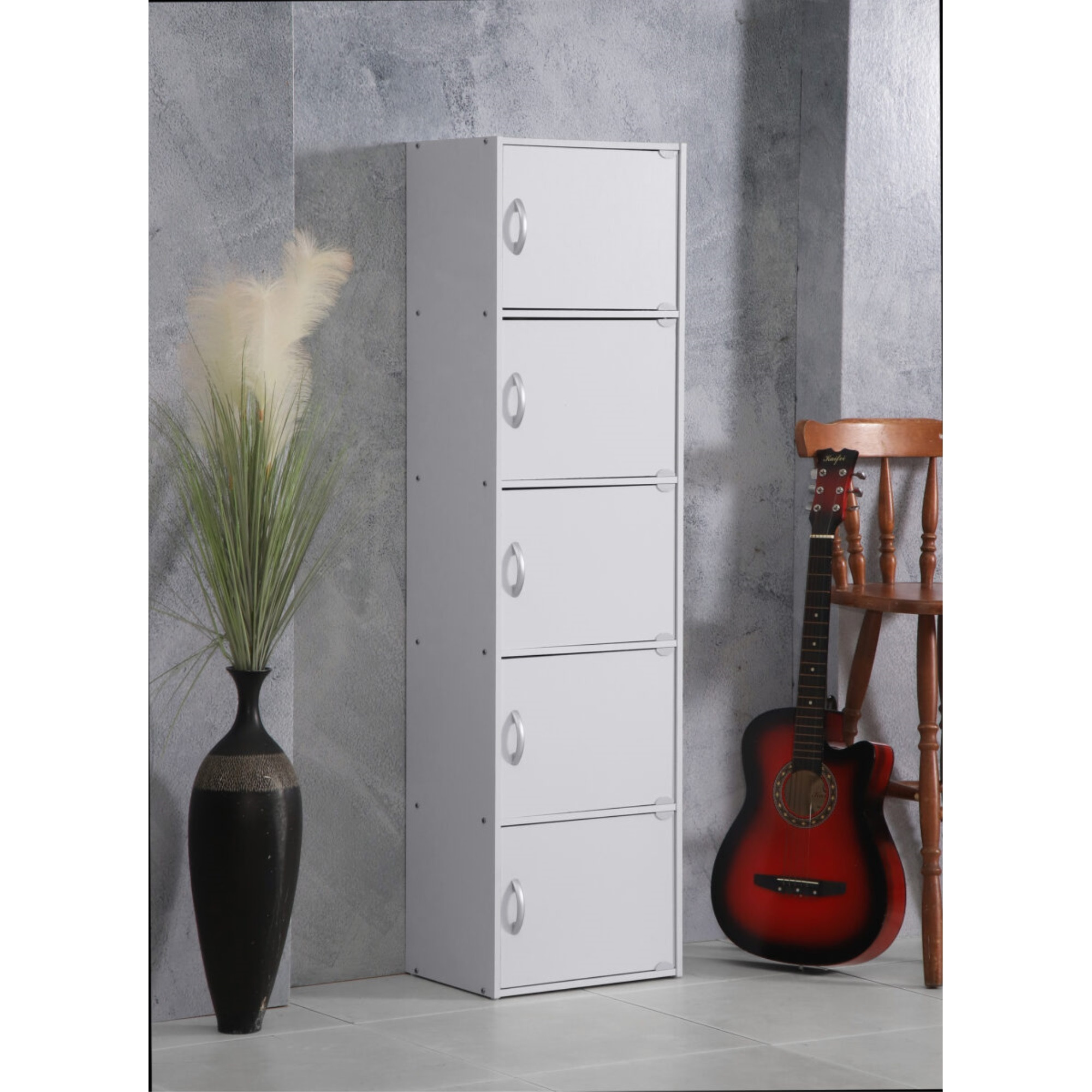 Hodedah 5-Shelf, 5-Door Bookcase in White