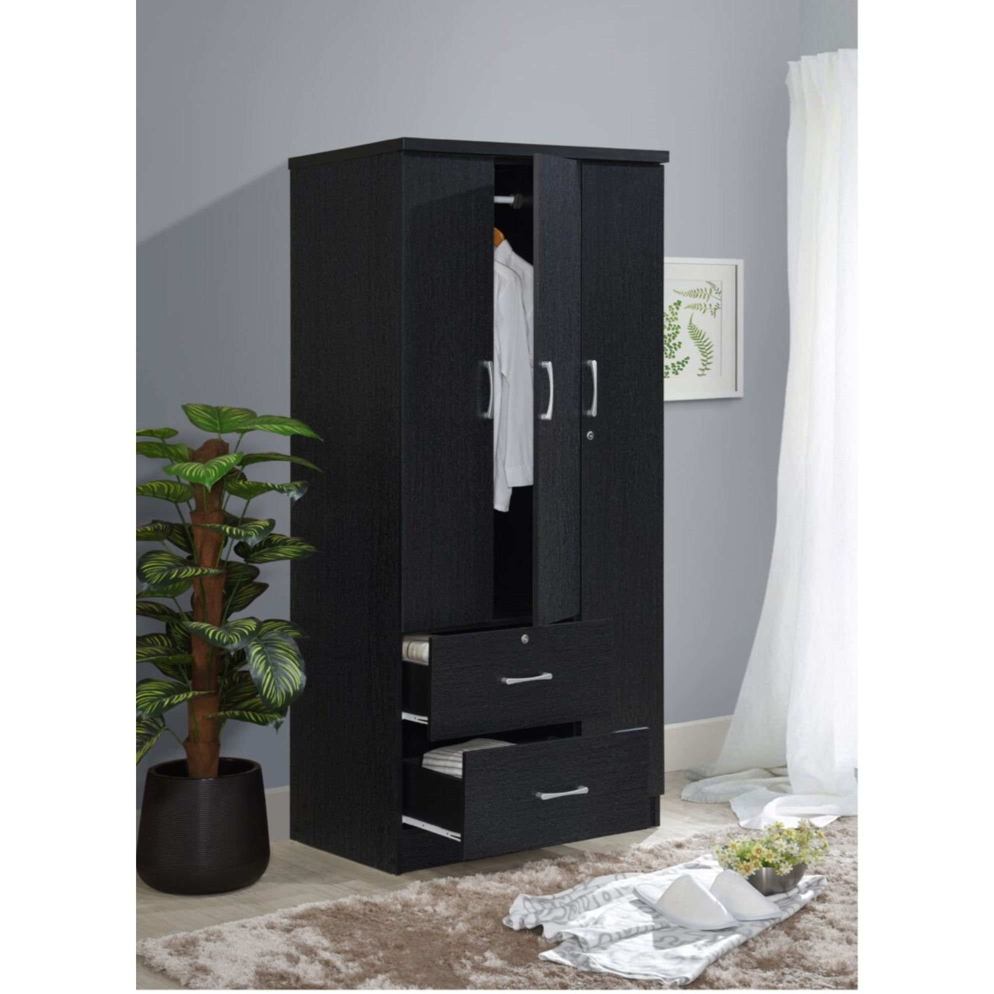 Hodedah 3-Door Armoire with 2-Drawers, 3-Shelves in Black