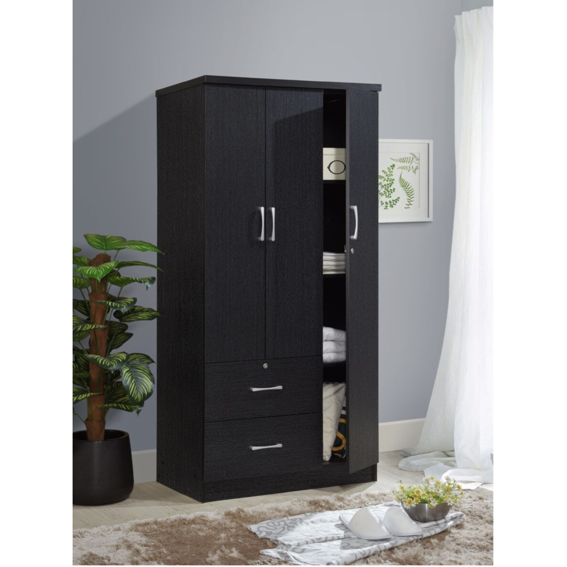 Hodedah 3-Door Armoire with 2-Drawers, 3-Shelves in Black