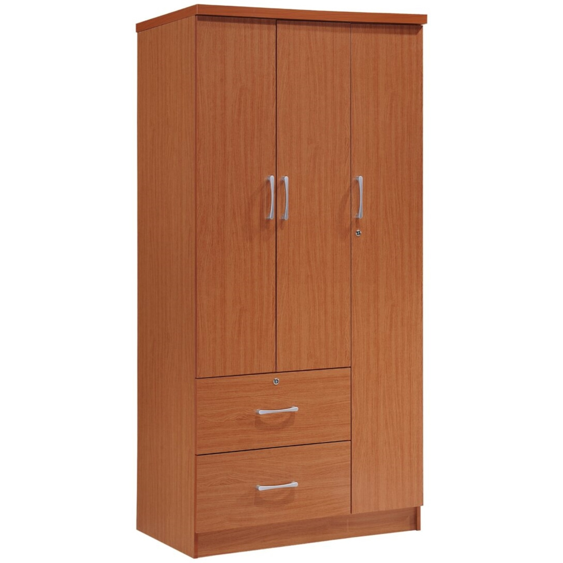 Hodedah 3-Door Armoire with 2-Drawers, 3-Shelves in Cherry