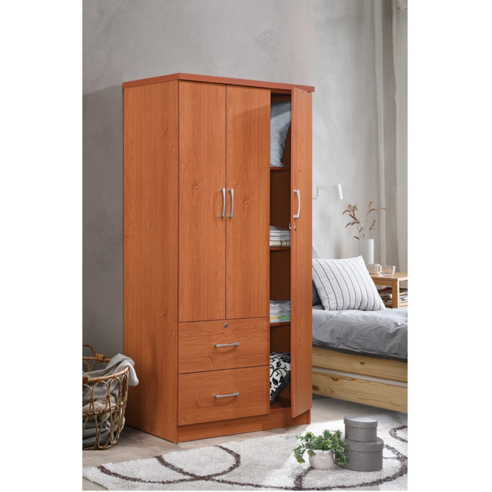 Hodedah 3-Door Armoire with 2-Drawers, 3-Shelves in Cherry