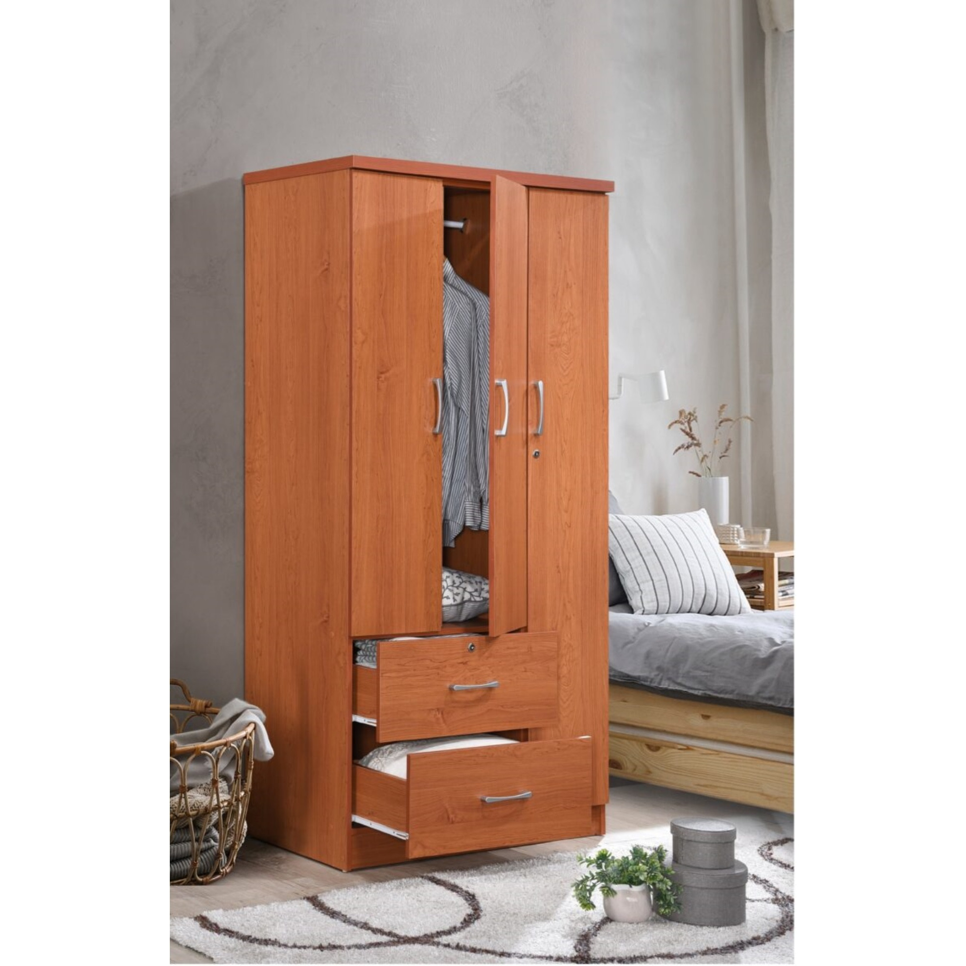 Hodedah 3-Door Armoire with 2-Drawers, 3-Shelves in Cherry