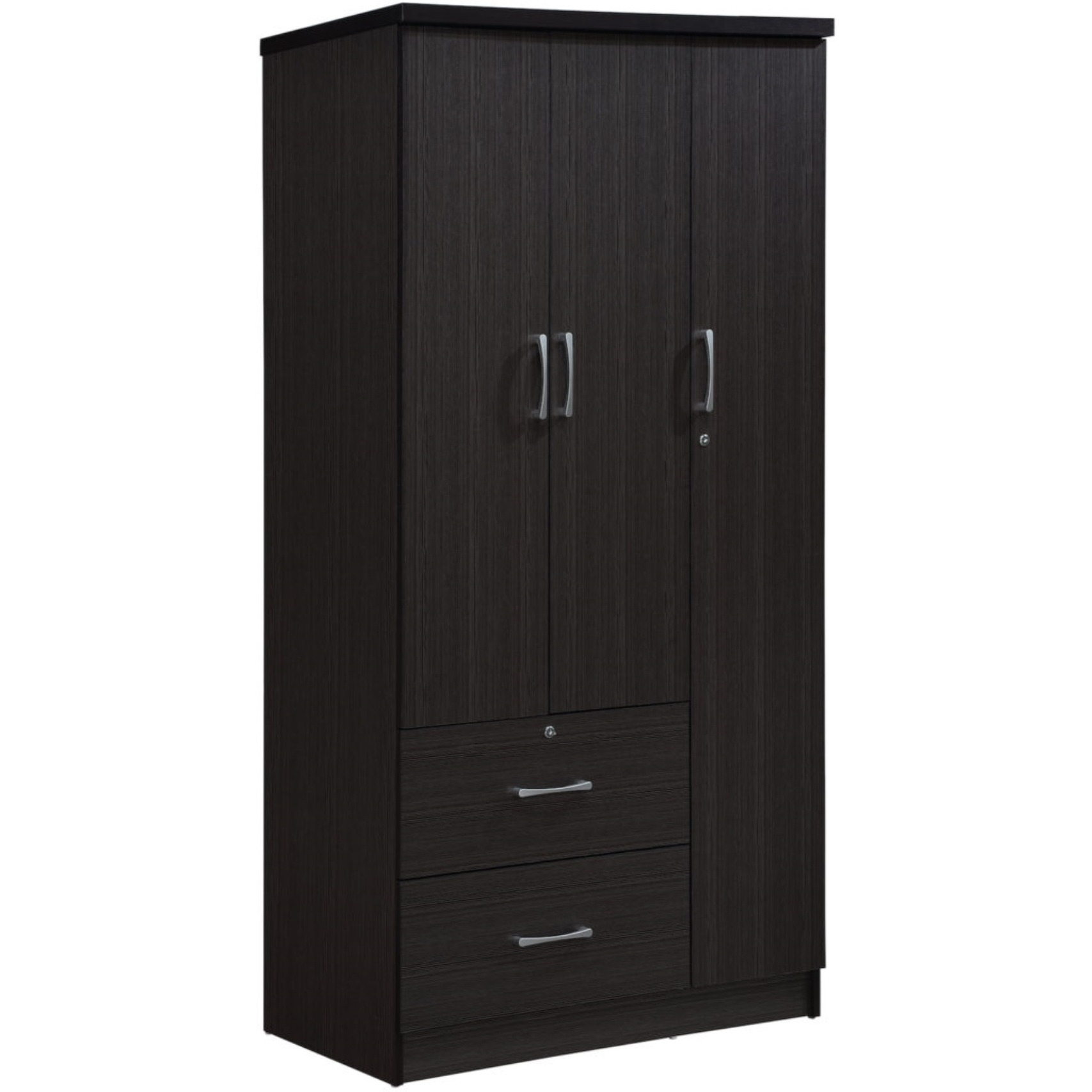 Hodedah 3-Door Armoire with 2-Drawers, 3-Shelves in Chocolate