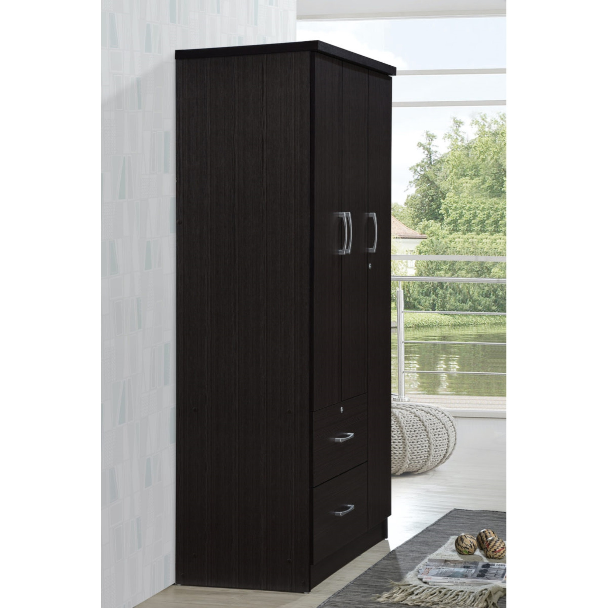 Hodedah 3-Door Armoire with 2-Drawers, 3-Shelves in Chocolate