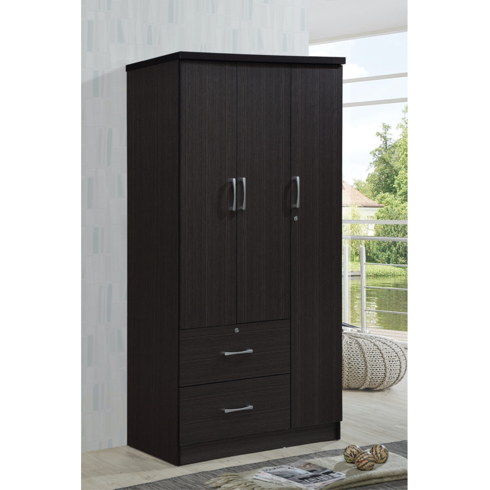 Hodedah 3-Door Armoire with 2-Drawers, 3-Shelves in Chocolate