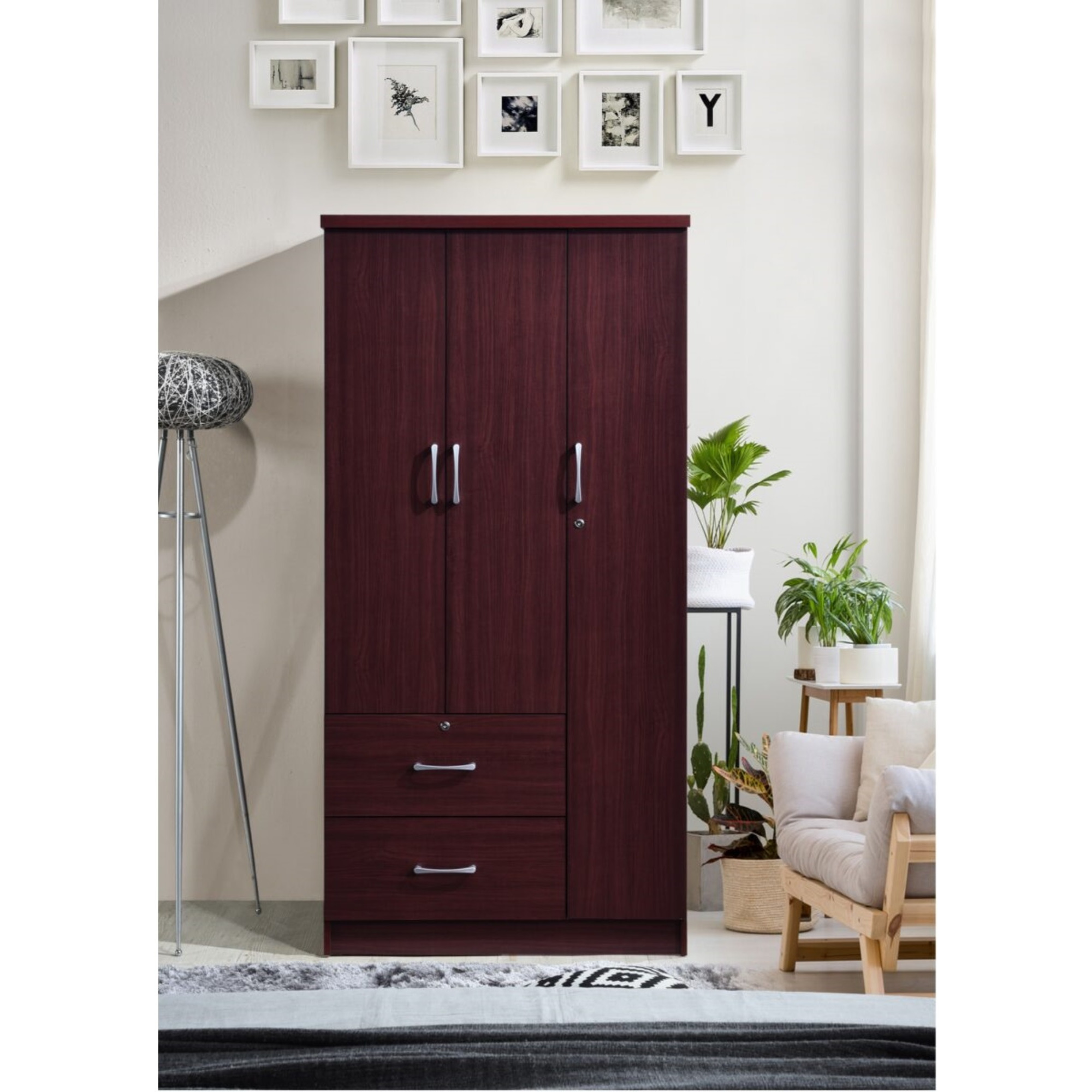 Hodedah 3-Door Armoire with 2-Drawers, 3-Shelves in Mahogany