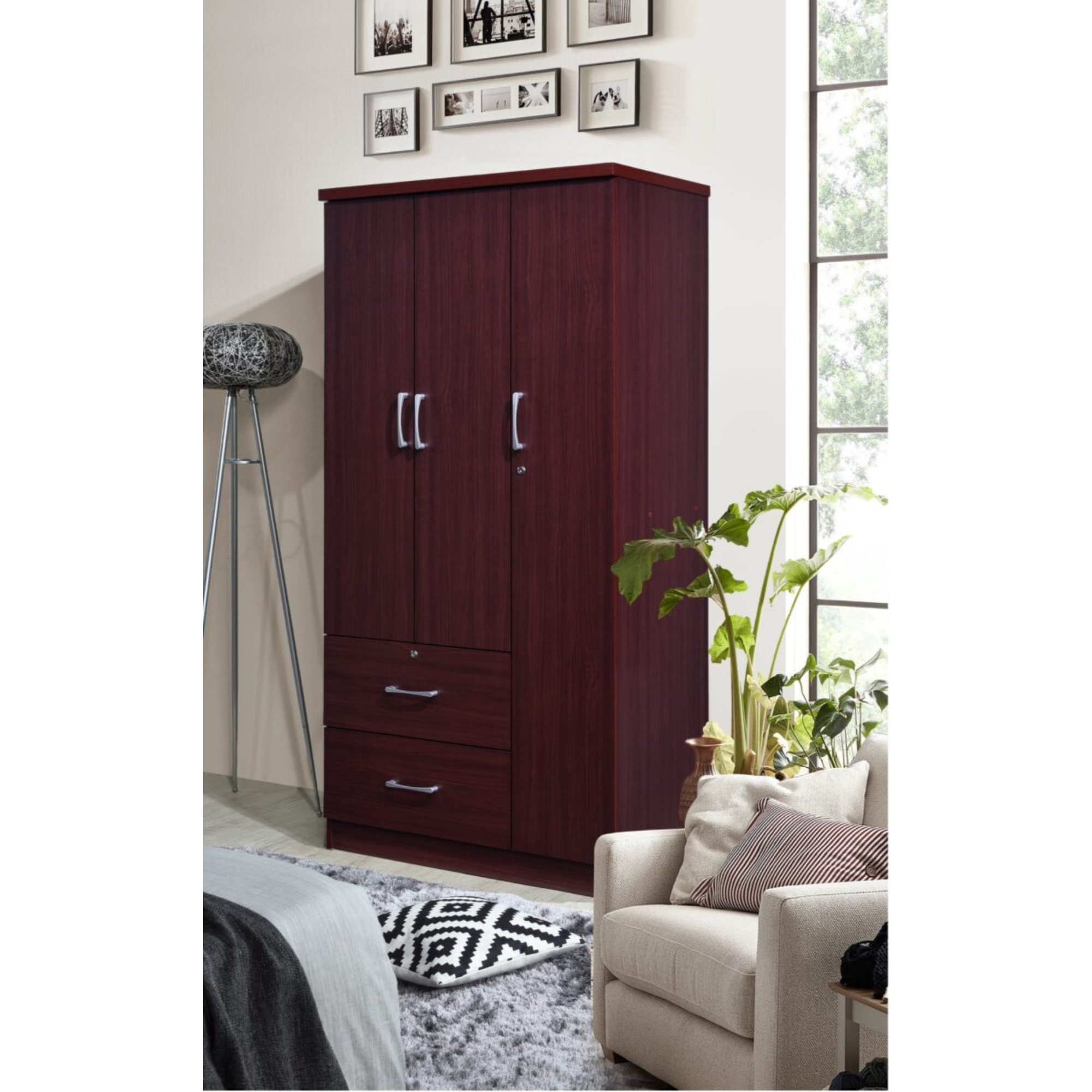 Hodedah 3-Door Armoire with 2-Drawers, 3-Shelves in Mahogany