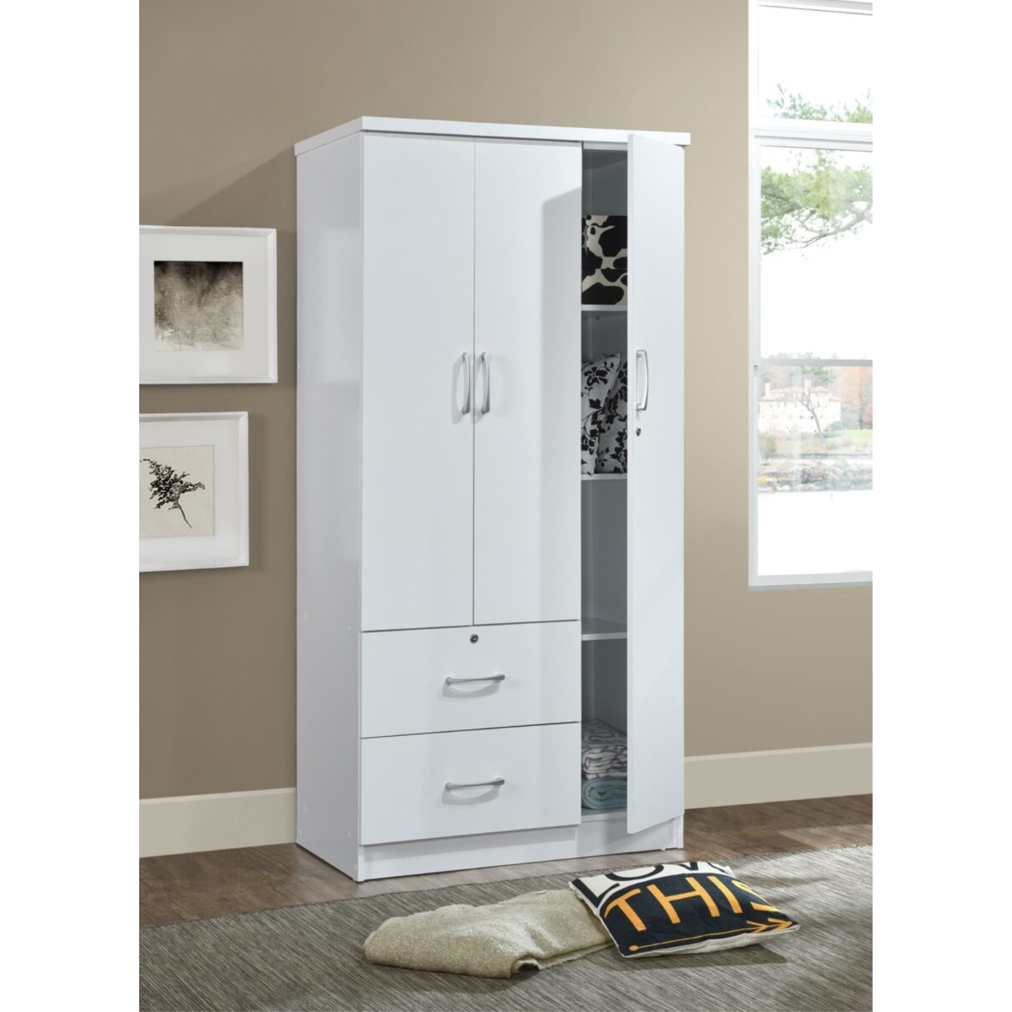 Hodedah 3-Door Armoire with 2-Drawers, 3-Shelves in White