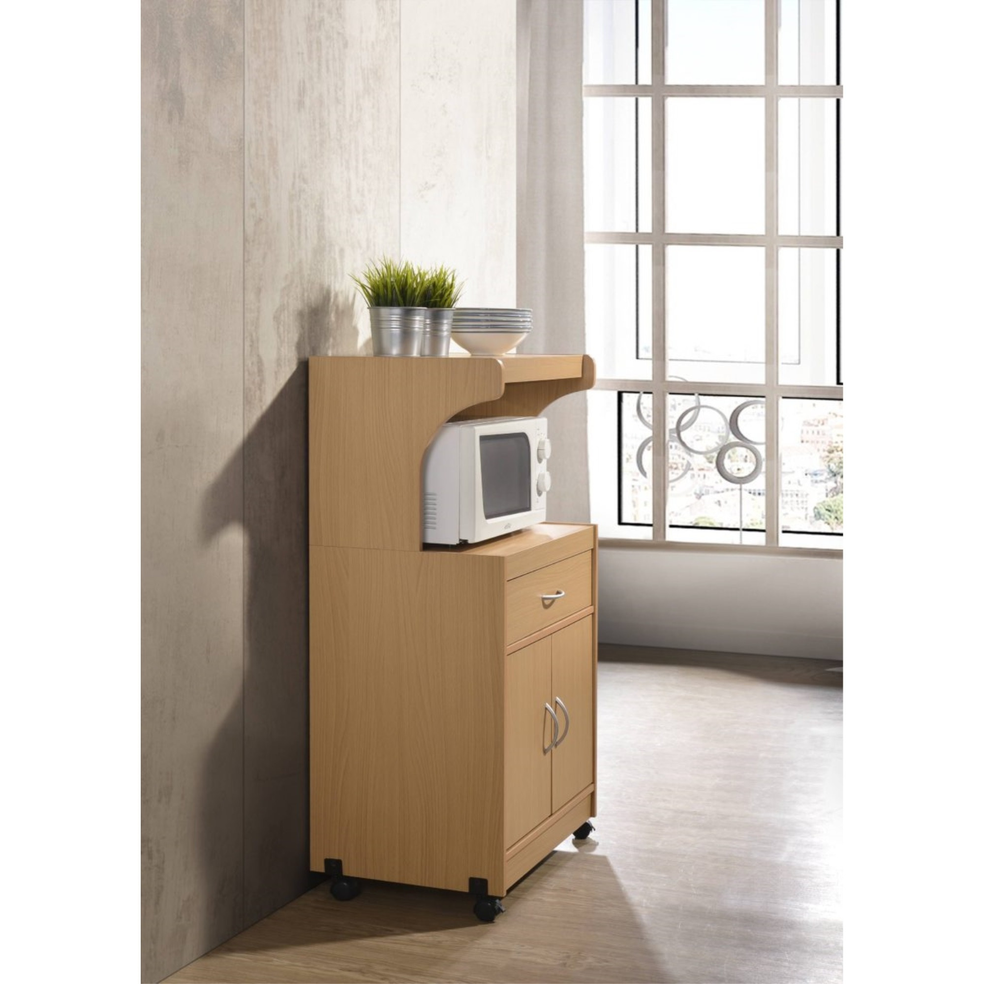 Hodedah Microwave Kitchen Cart in Beech