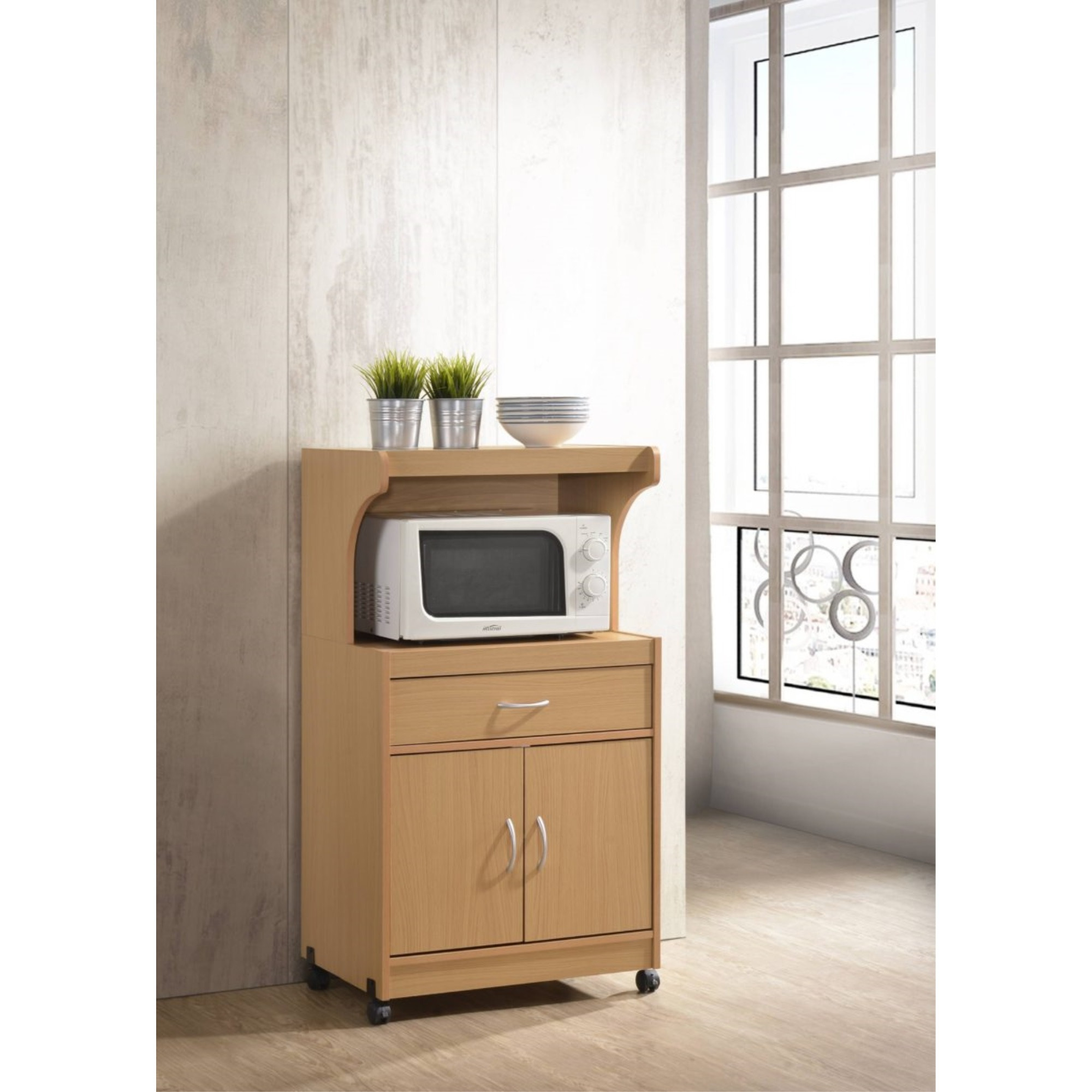 Hodedah Microwave Kitchen Cart in Beech
