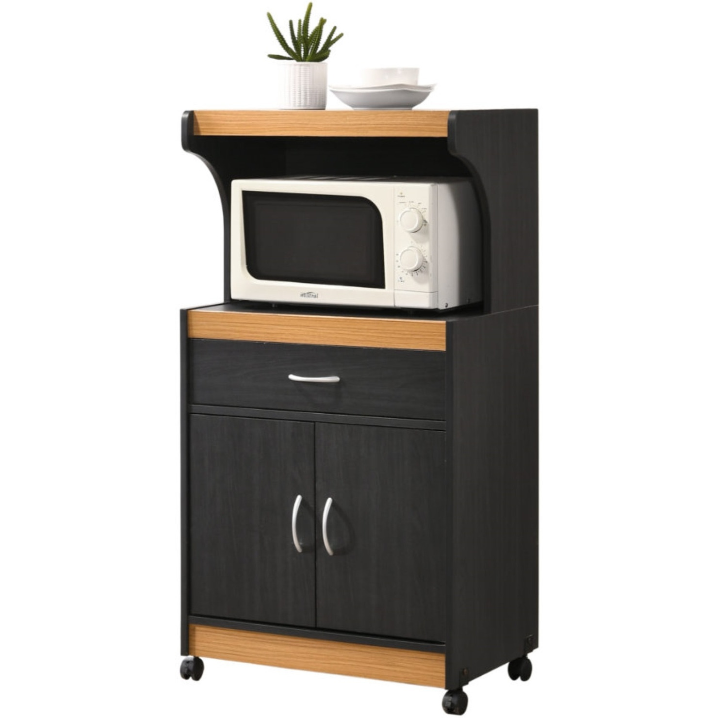 Hodedah Microwave Kitchen Cart in Black-Beech