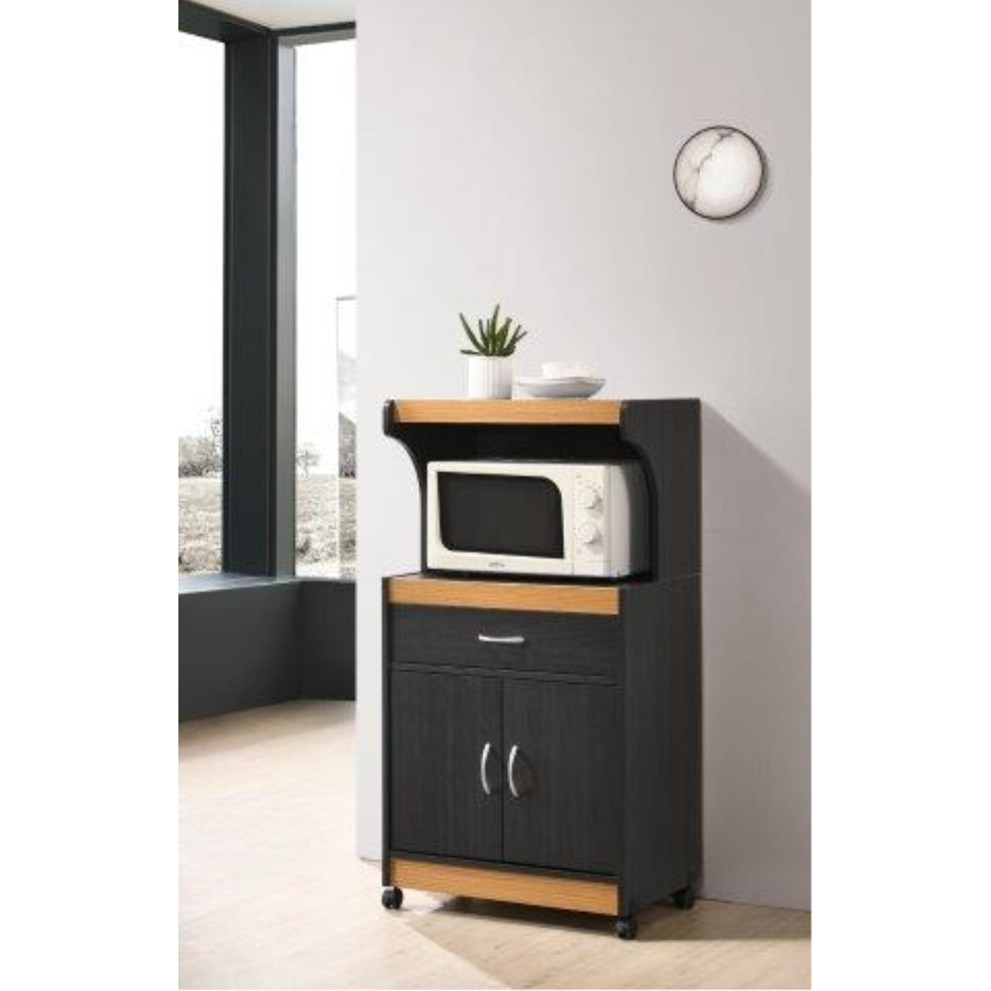 Hodedah Microwave Kitchen Cart in Black-Beech