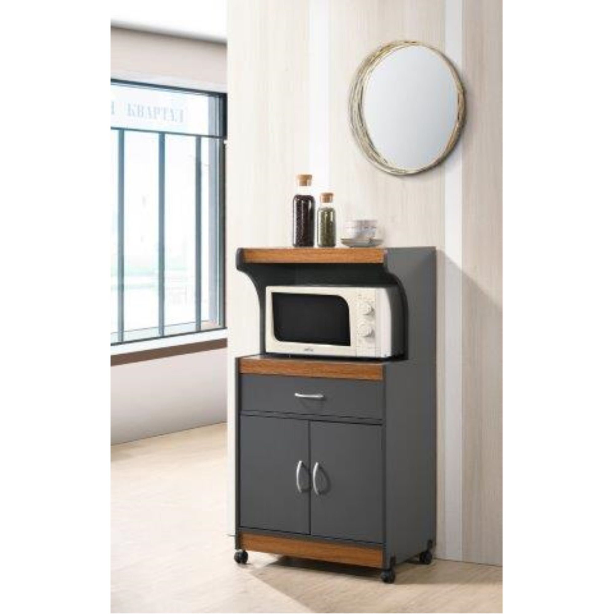 Hodedah Microwave Kitchen Cart in Grey-Oak