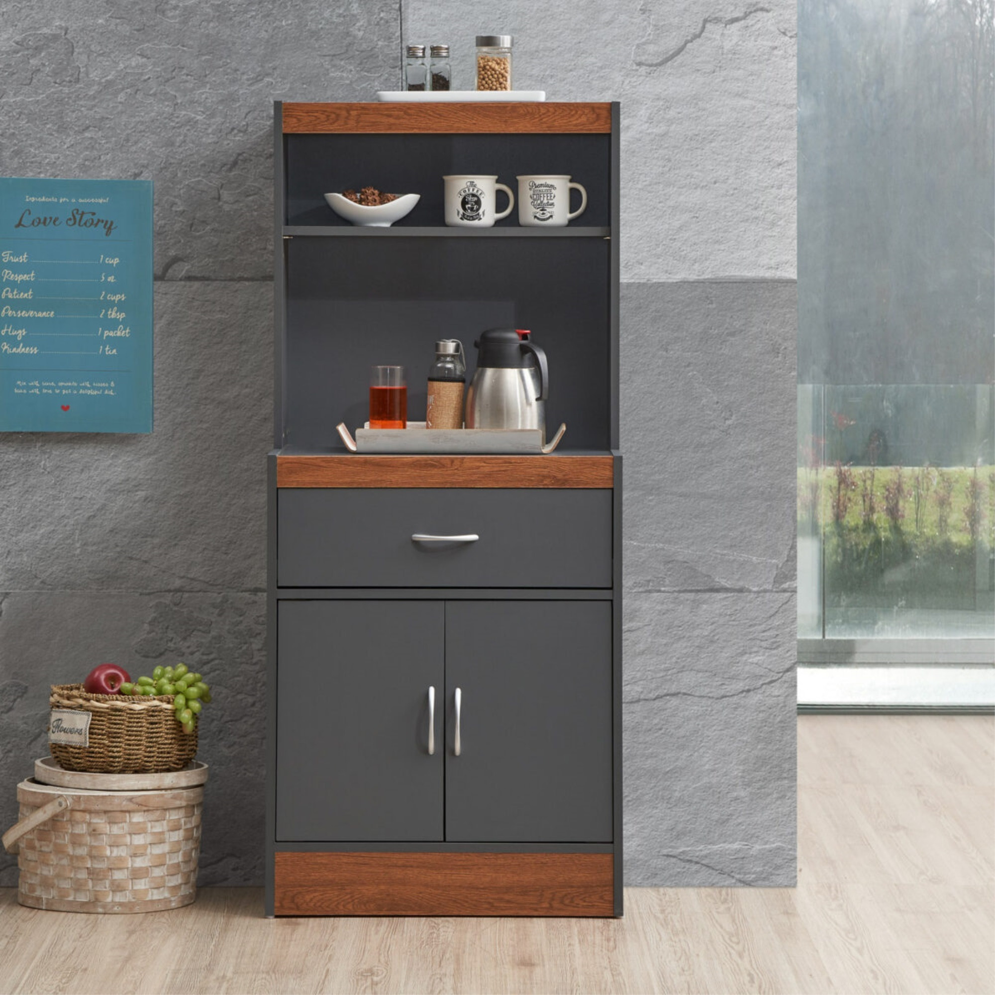 Hodedah 54" Tall Open Shelves, 1-Drawer and Bottom Enclosed Storage Kitchen Cabinet in Grey-Oak