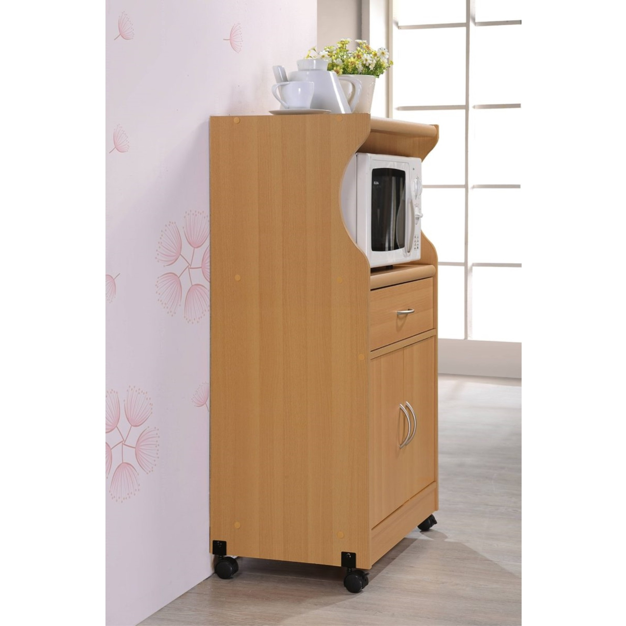 Hodedah Microwave Kitchen Cart in Beech